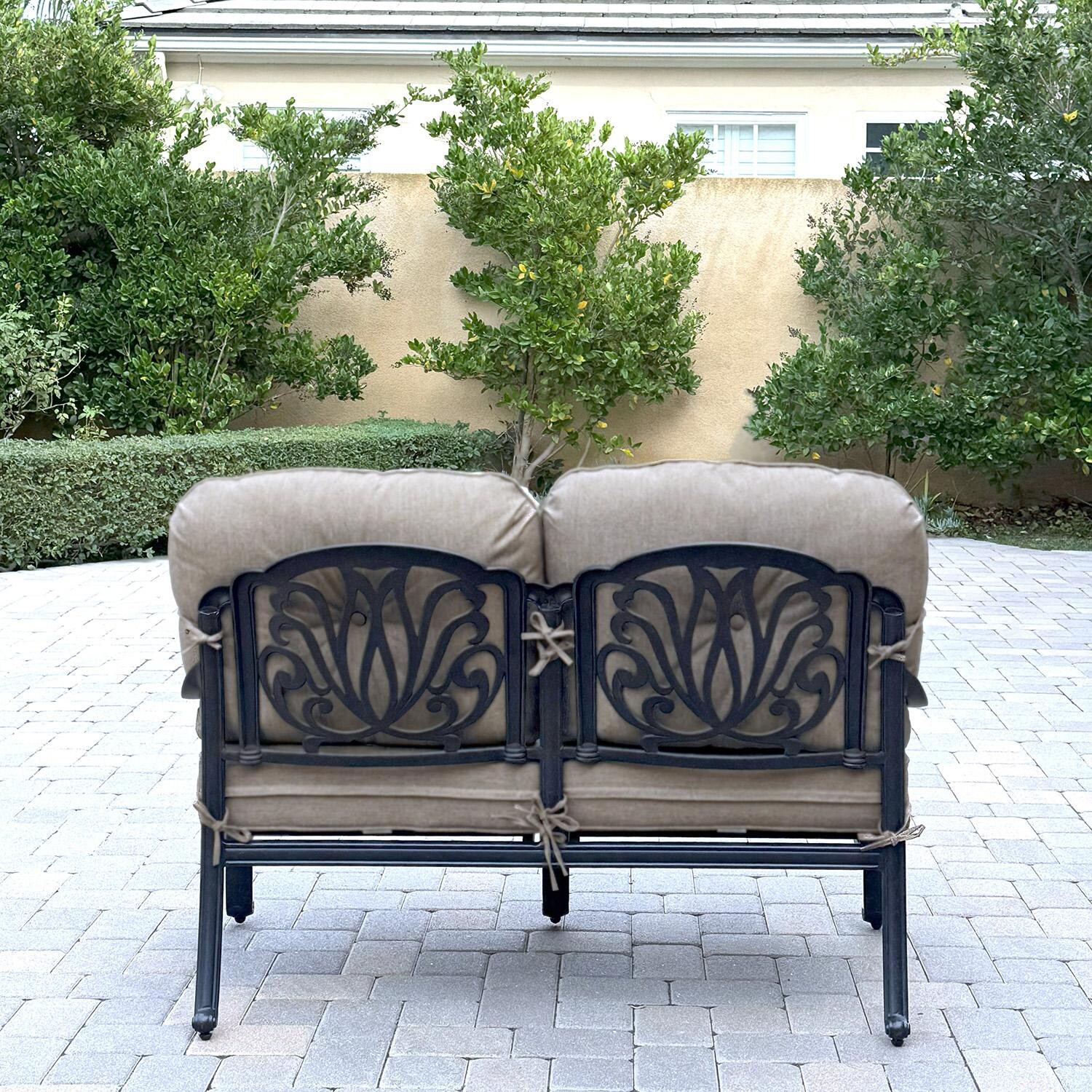 Darlee Elisabeth 6 Pc Cast Aluminum Fire Pit Loveseat Seating Set w/ 47 Inch Table & Throw Pillows in Antique Bronze/Beige - Loveseat Back - Lifestyle thumbnail