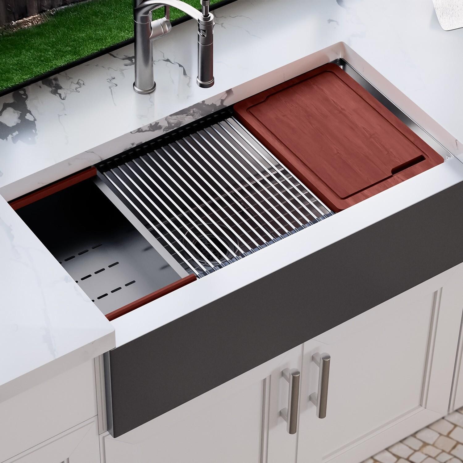 BBQGuys Signature Farmhouse Flat Apron Stainless Steel 33-Inch Workstation Sink W/Grid, Strainer and 3 Accessories - Lifestyle thumbnail