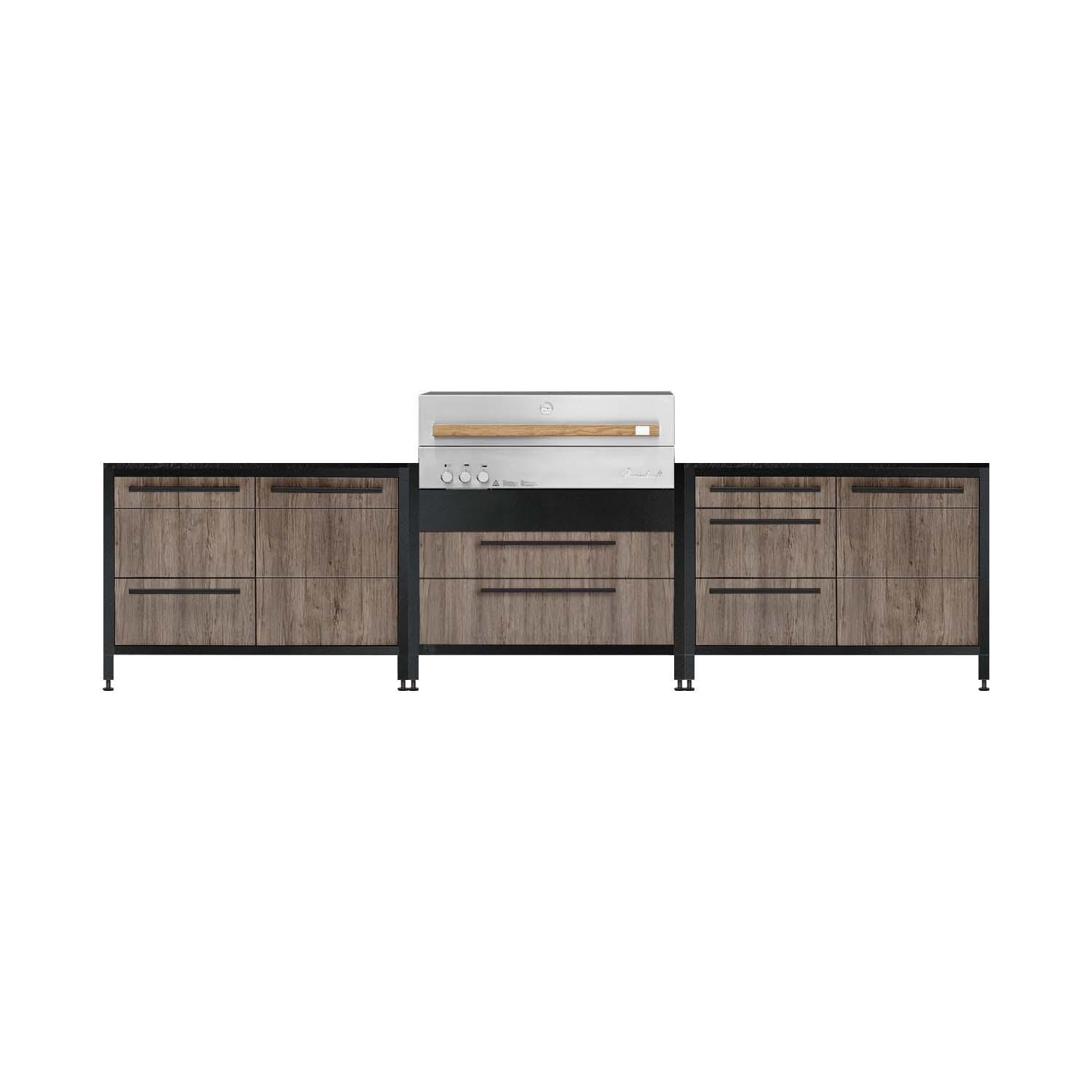 Burnout BBQ Modular Fully Lit Outdoor Kitchen Island w/ Flammkraft Model D Built-In Grill, Triple Drawers, Propane Pullout, and Pullout Waste Bins- Dark Oak - White Background thumbnail