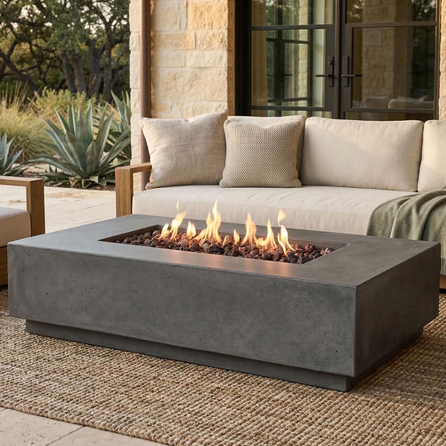 Tavola 8 60-in Rectangular GFRC Propane Fire Pit in Pewter by Prism Hardscapes