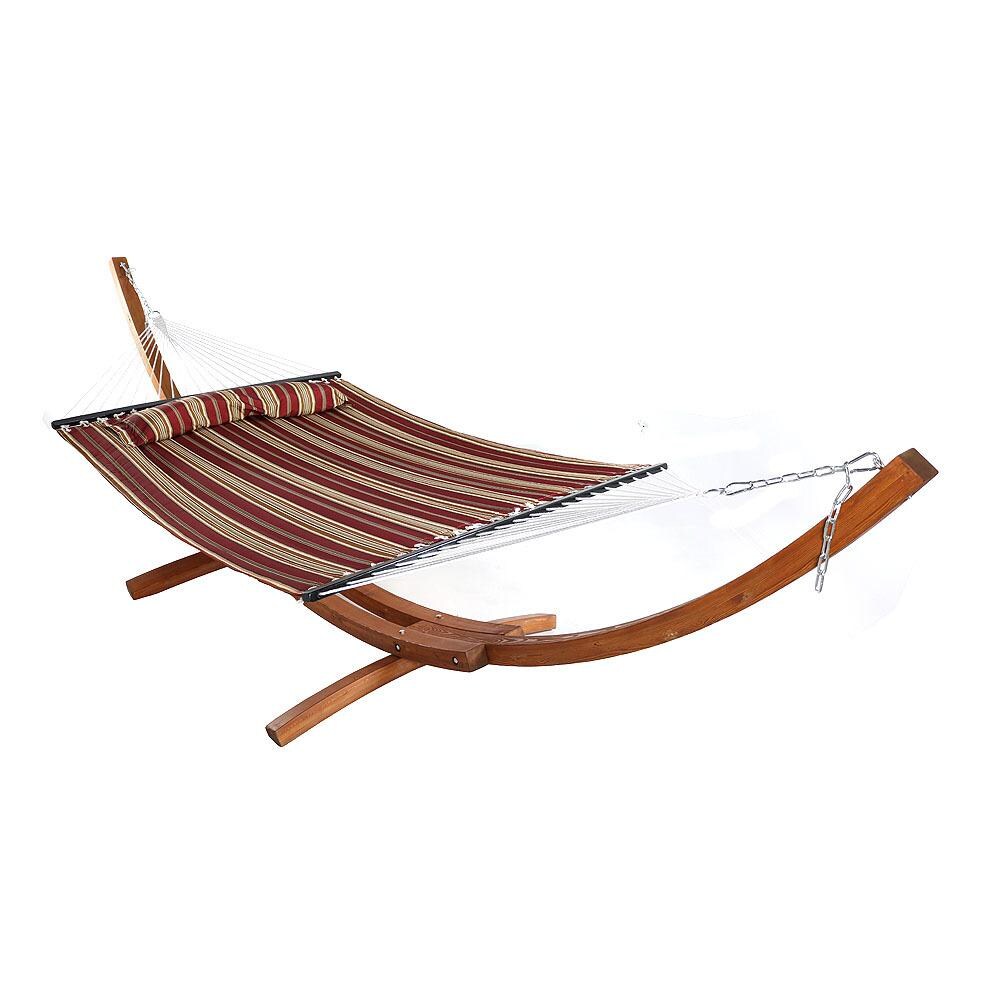 Sunnydaze Decor Quilted Double Hammock & Pillow w/ 13-Foot Wood Stand - Red Stripe - QFHRD-13WHS-COMBO image