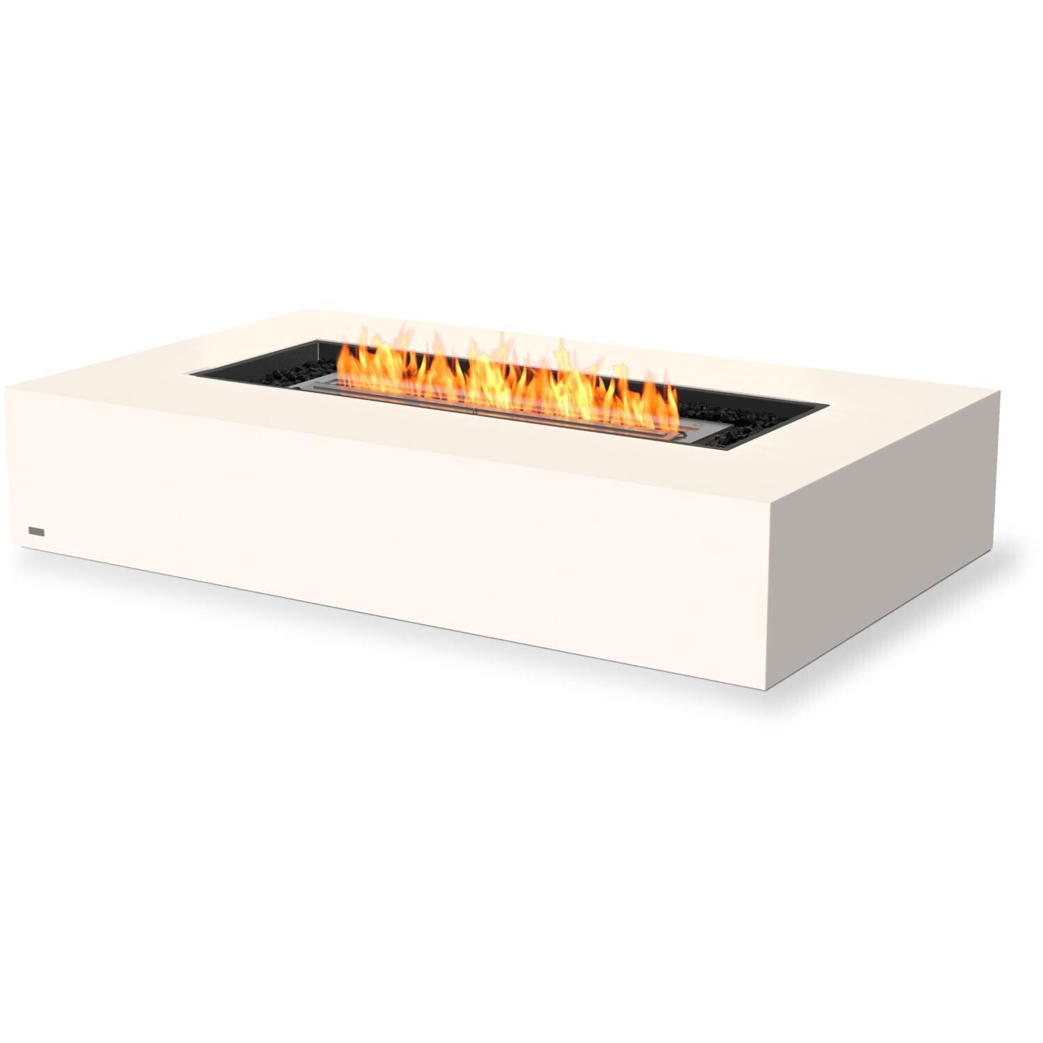 EcoSmart Fire ESF.O.WHF.65.BO Wharf 65 Inch Stainless Steel Burner Rectangle Concrete Ethanol Pit Table in Bone - Angled with Fire Rocks - White Background thumbnail
