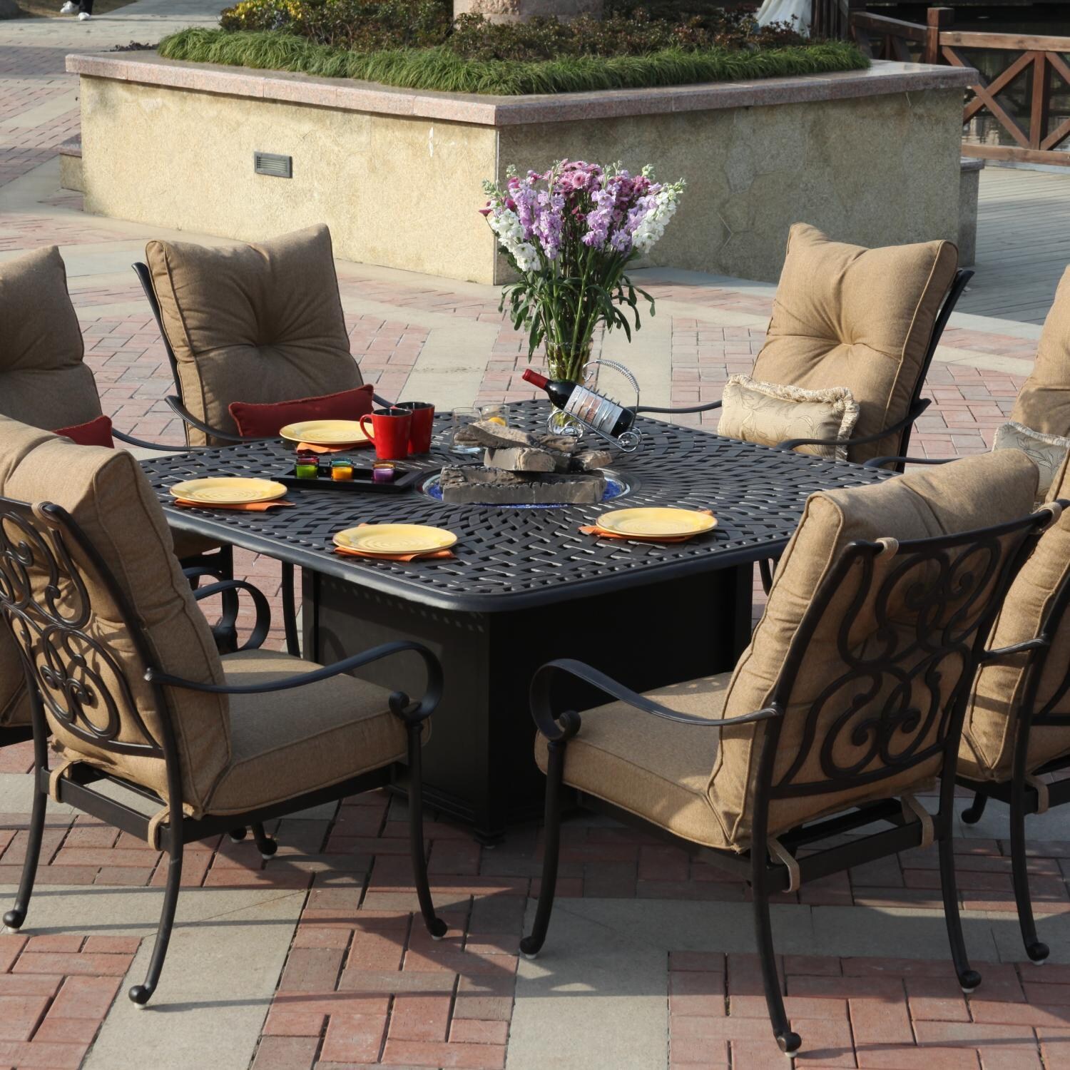 Santa Anita 9 Pc Cast Aluminum Fire Pit Dining Set w/ 64 Inch Square Signature Table in Antique Bronze/Linen Sesame by Darlee