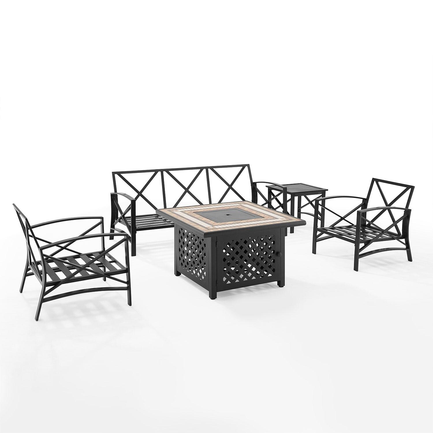 Ultimate Patio UP-82267BZ-OL 5Pc Outdoor Sofa Set W/ Fire Table in Oatmeal - Cushions Removed - White Background thumbnail