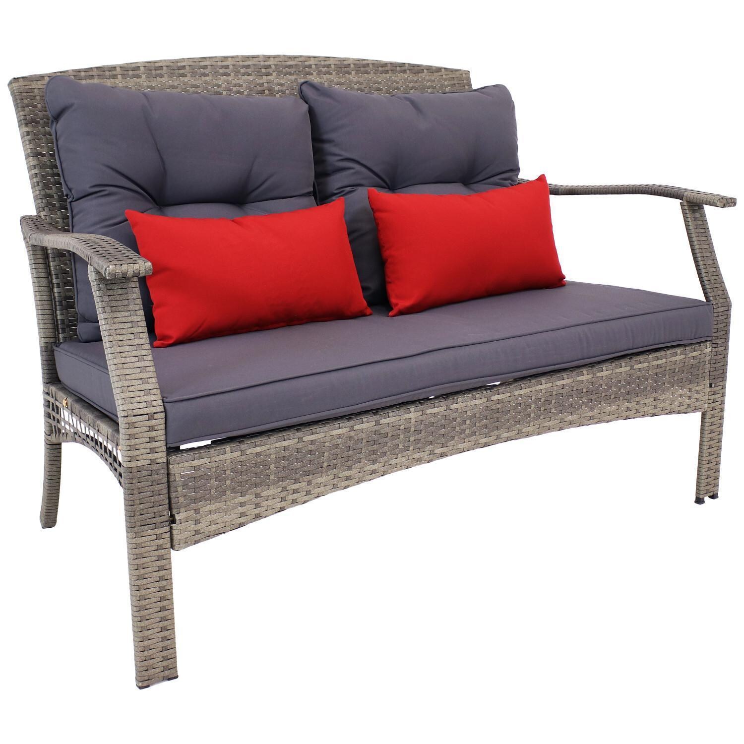 Ultimate Patio 4-Piece Resin Wicker Patio Conversation Set W/ Charcoal Cushions & Red Pillows - Loveseat - White Background thumbnail