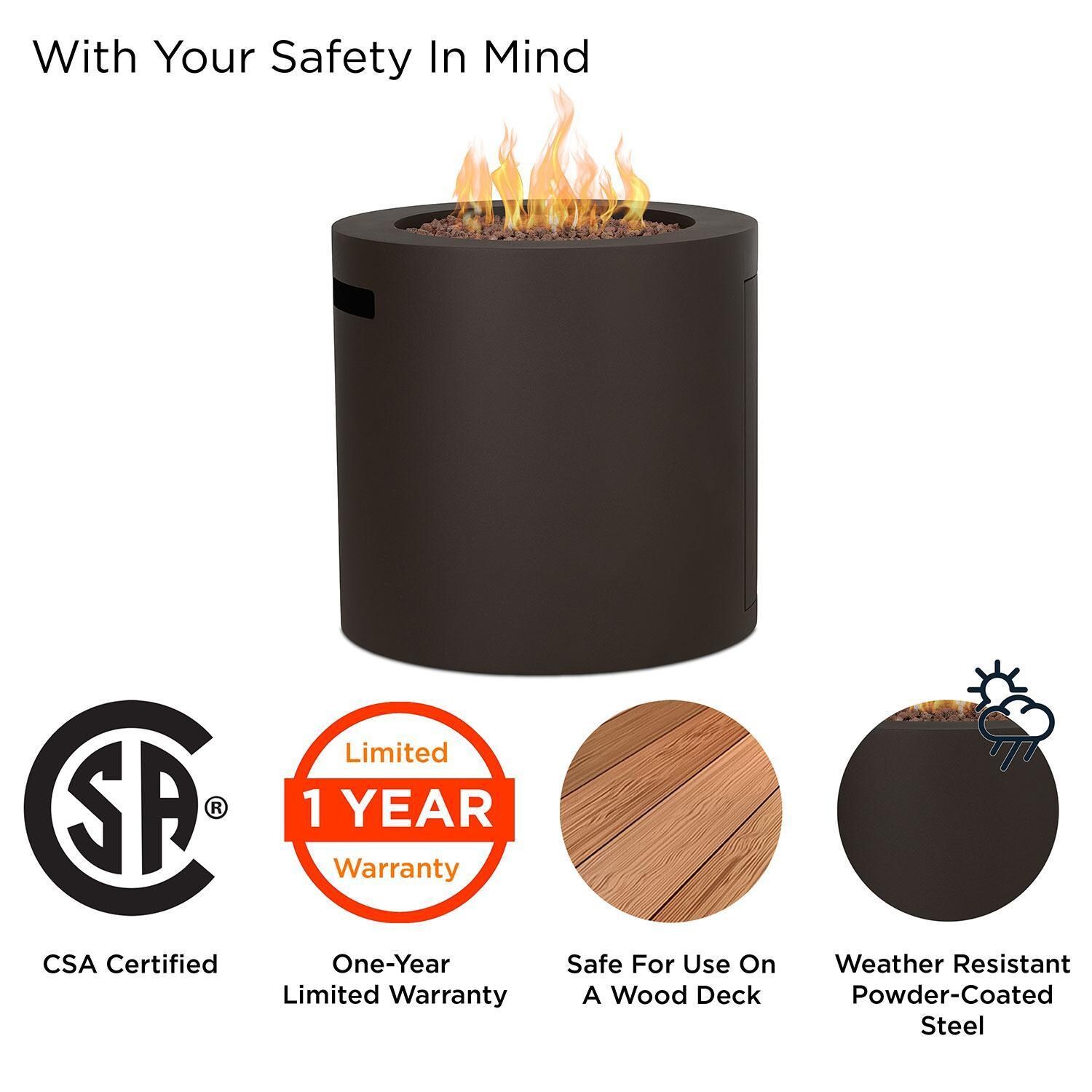 Elysian 24-in Round Steel Propane Fire Pit Table w/ Hidden Tank in Dark Bronze by Lakeview Outdoor Designs - Safety - Detail thumbnail