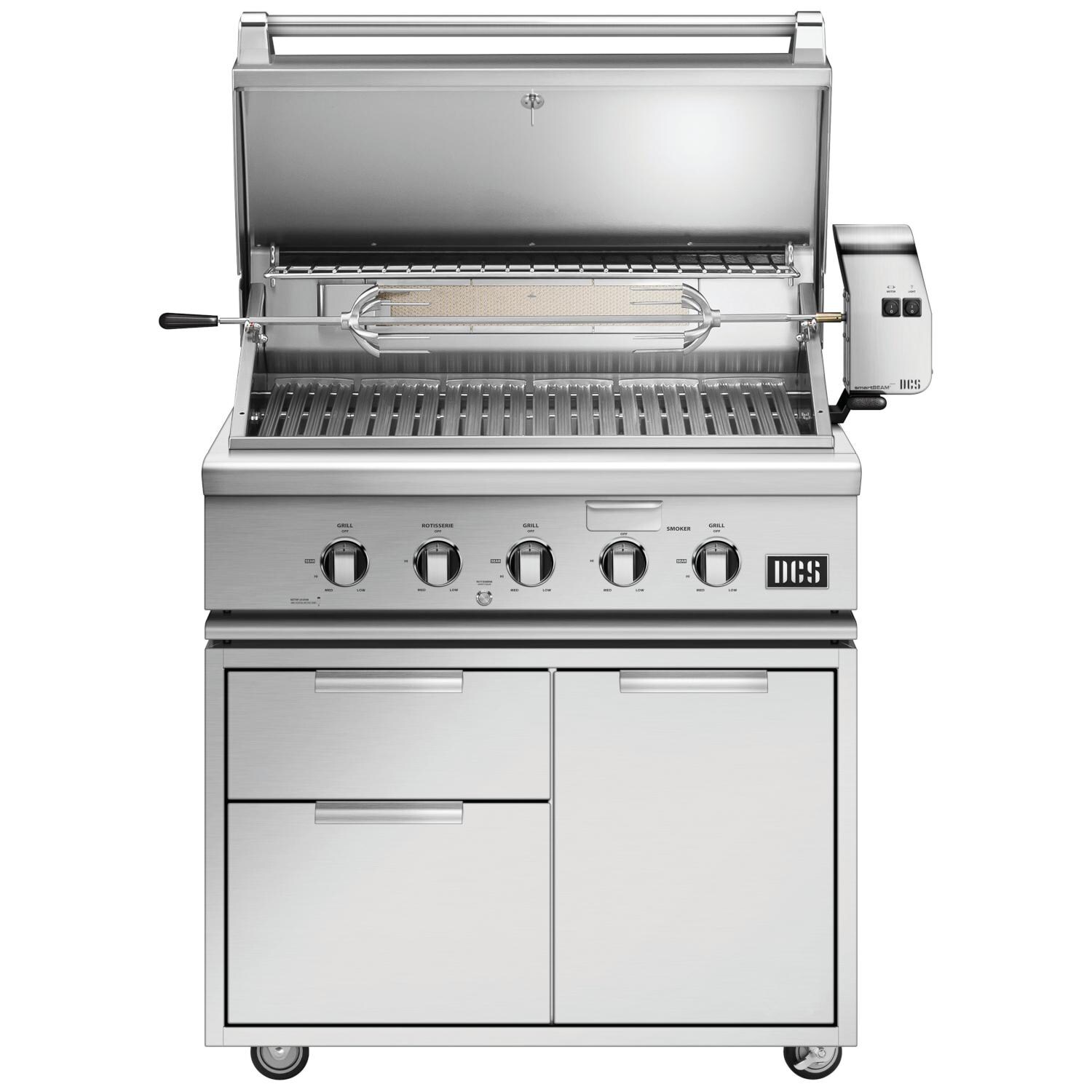 DCS BH1-36R-L 36-Inch Propane Gas BBQ Grill With Rotisserie On CAD Cart - Hood Open thumbnail