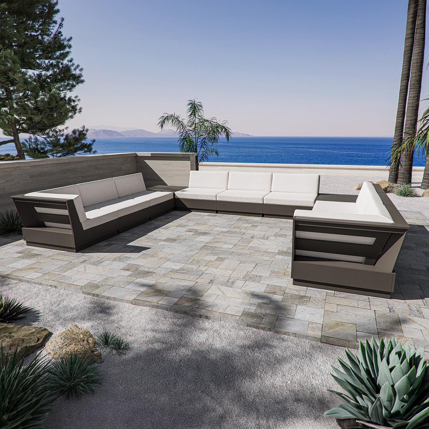 Elevate 11 Pc U-shaped Recycled Plastic Sectional Seating Set in Vintage Coffee/Navy Linen By PW Designer Series - On the Patio (Shown in Vintage Coffee/Dune Burlap) - Lifestyle thumbnail