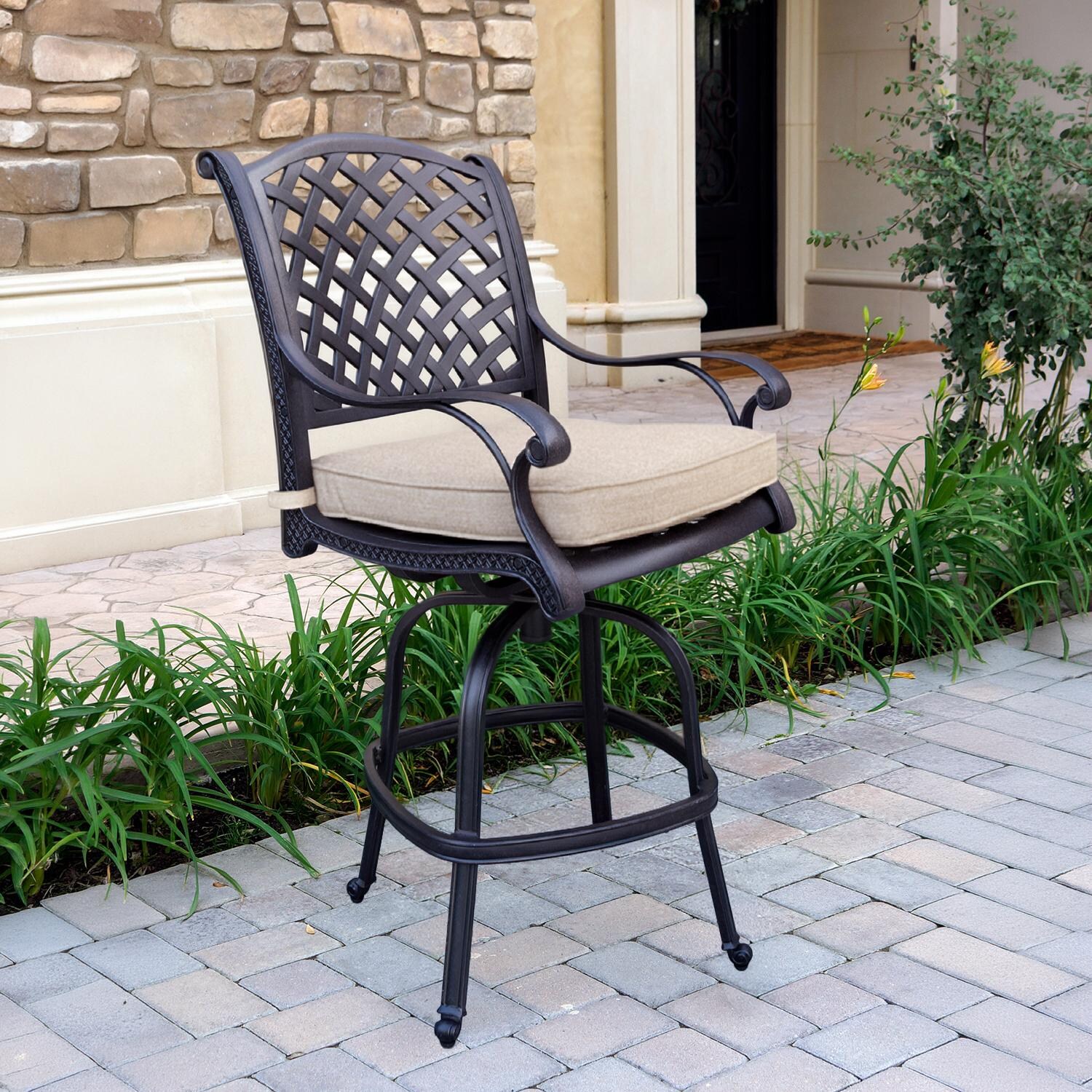 Nassau Cast Aluminum Swivel Bar Stool in Antique Bronze/Beige Canvas by Darlee