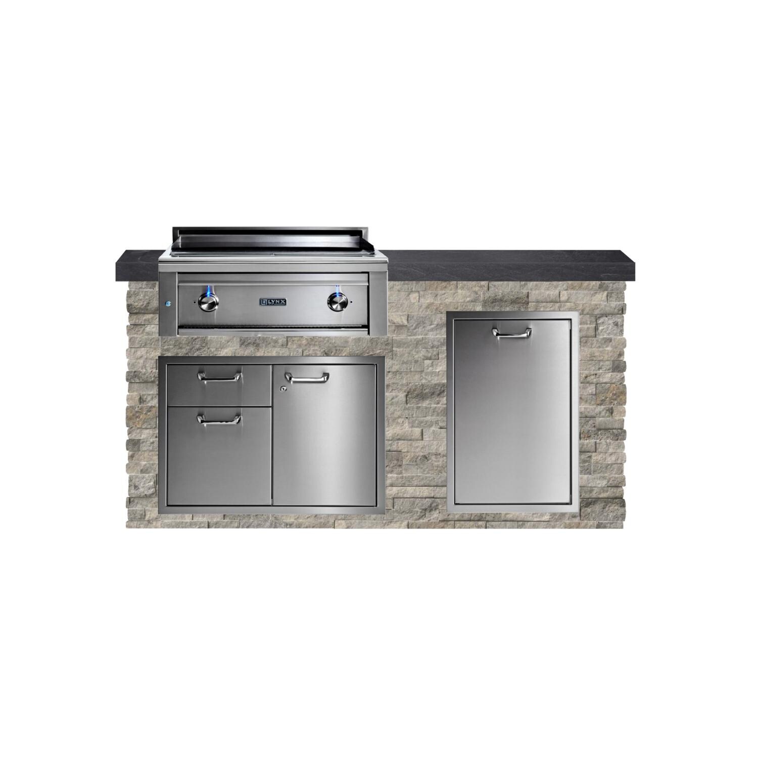 BBQGuys Signature 6ft Luxury Outdoor Kitchen w/ Lynx Professional 30-Inch Natural Gas Asado Grill - Silver Travertine Stone w/ Black Polished Granite