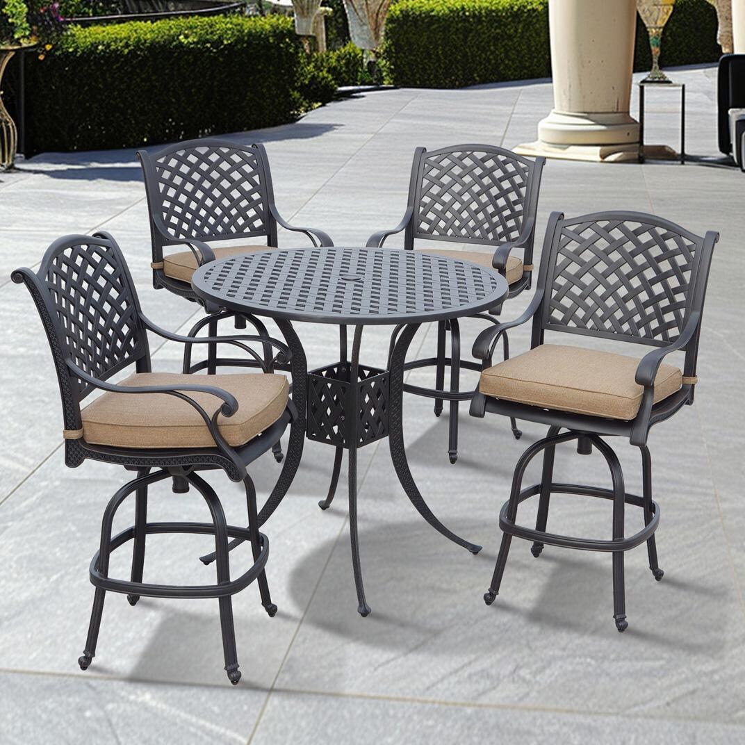 Nassau 5-Piece Patio Bar Set with Sesame Cushions and 42 Inch Round Bar ...