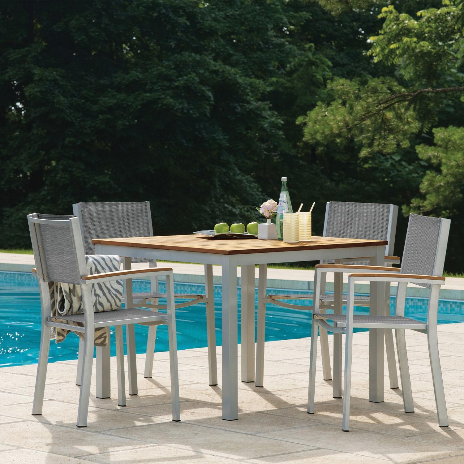 Travira 5 Pc Powder-Coated Aluminum Dining Set in Titanium by Oxford Garden - By The Pool - Lifestyle thumbnail
