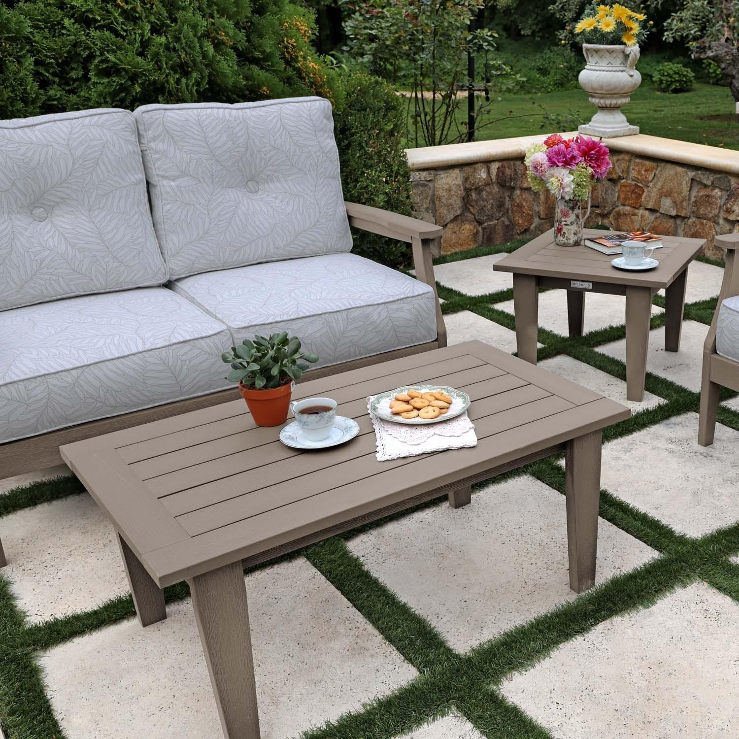 Blushing Bay 4 Pc Recycled Plastic Seating Set in Lively Parchment/Woodland Brown by Lakeview Outdoor Designs - Close Up - Lifestyle thumbnail