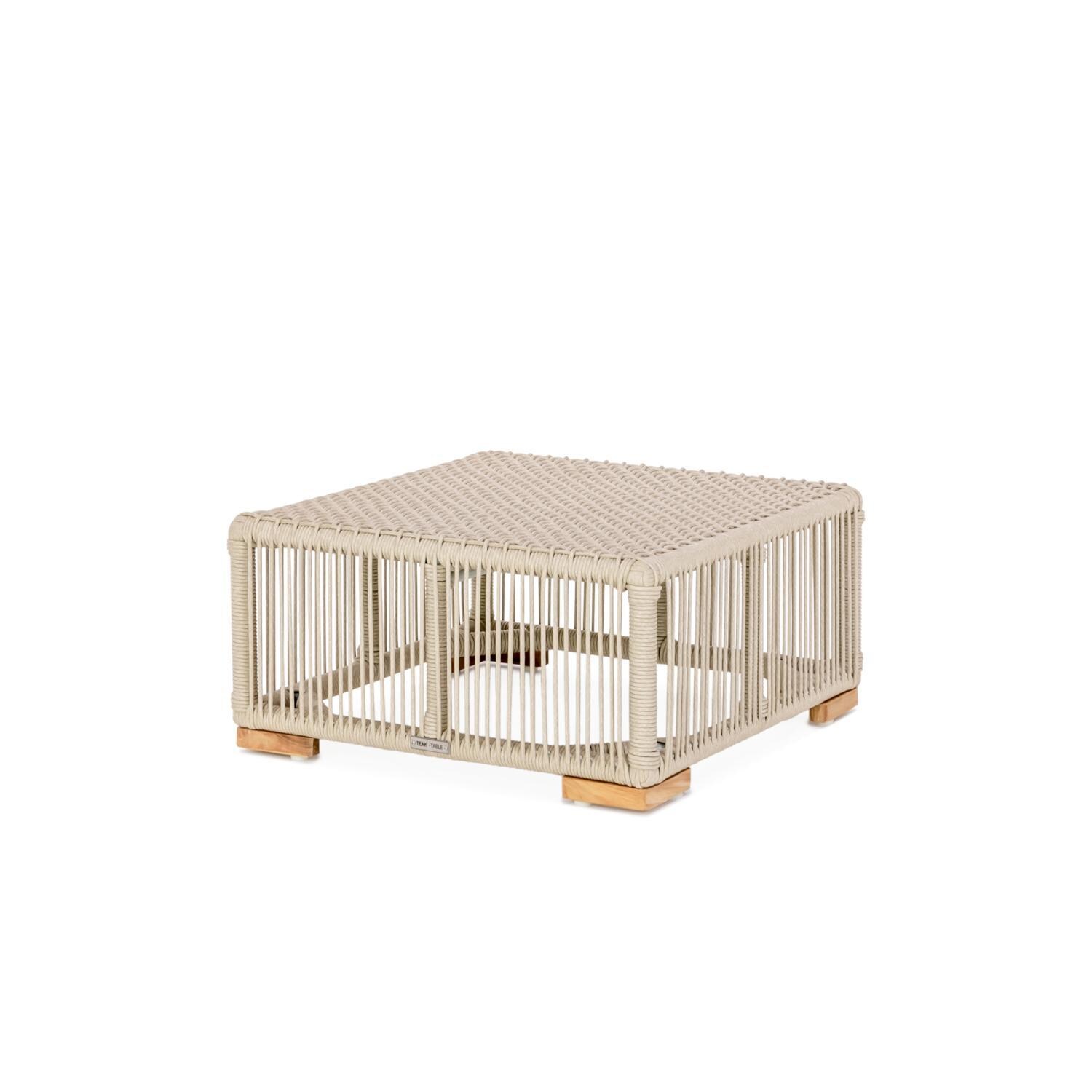 Teak + Table Breeze Olefin Rope & Teak Patio Ottoman in Dune/Granite - Frame Only - White Background thumbnail