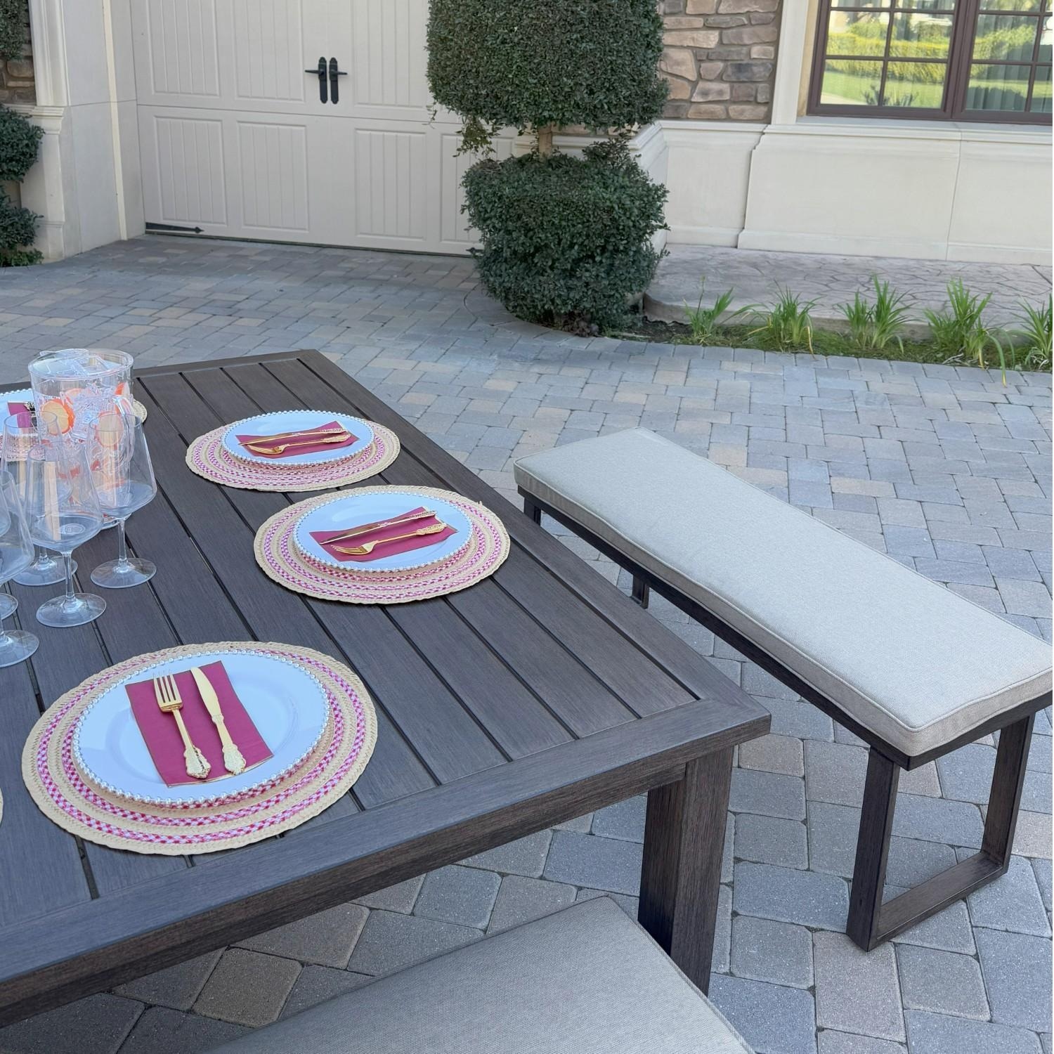 Atlantis 5 Pc Aluminum Dining Set w/ 4 Two Person Benches in Walnut/Beige by Darlee - Bench At Table - Lifestyle thumbnail