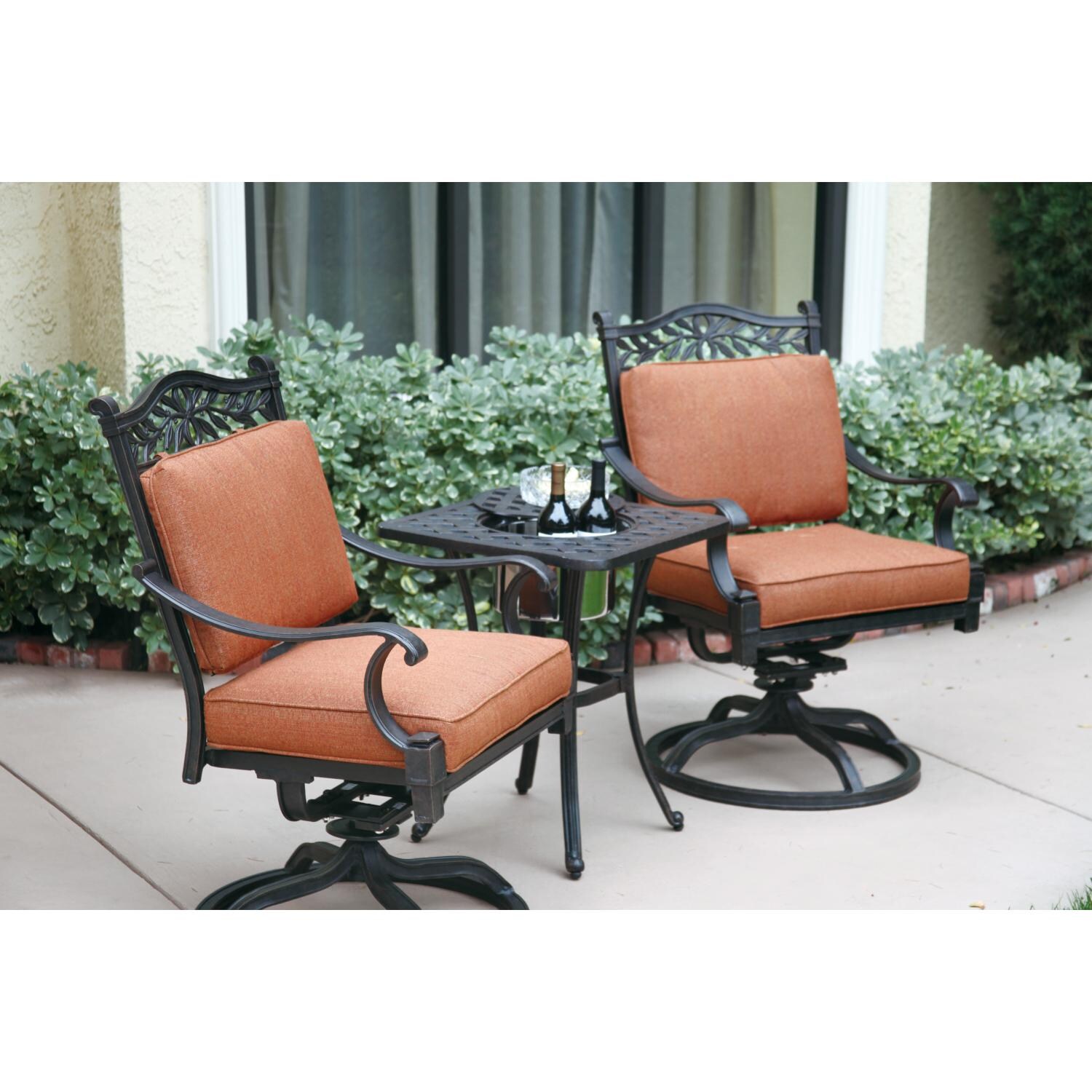 Darlee Charleston 3 Piece Cast Aluminum Patio Bistro Set W/ Ice Bucket Insert & Spicy Chili Cushions - Lifestyle thumbnail