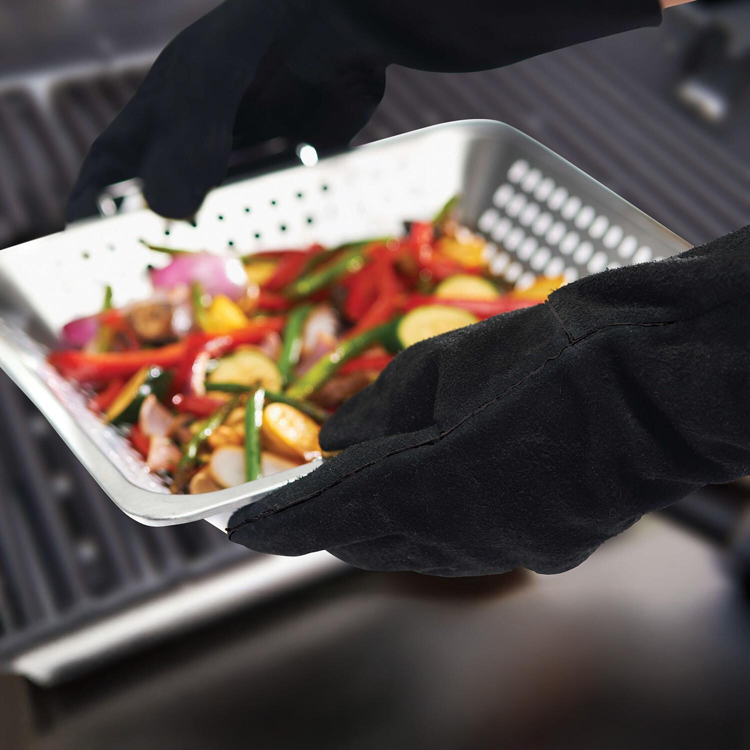 GrillPro Black Leather BBQ Gloves - 528 - Holding Pan Over Grill - Lifestyle thumbnail