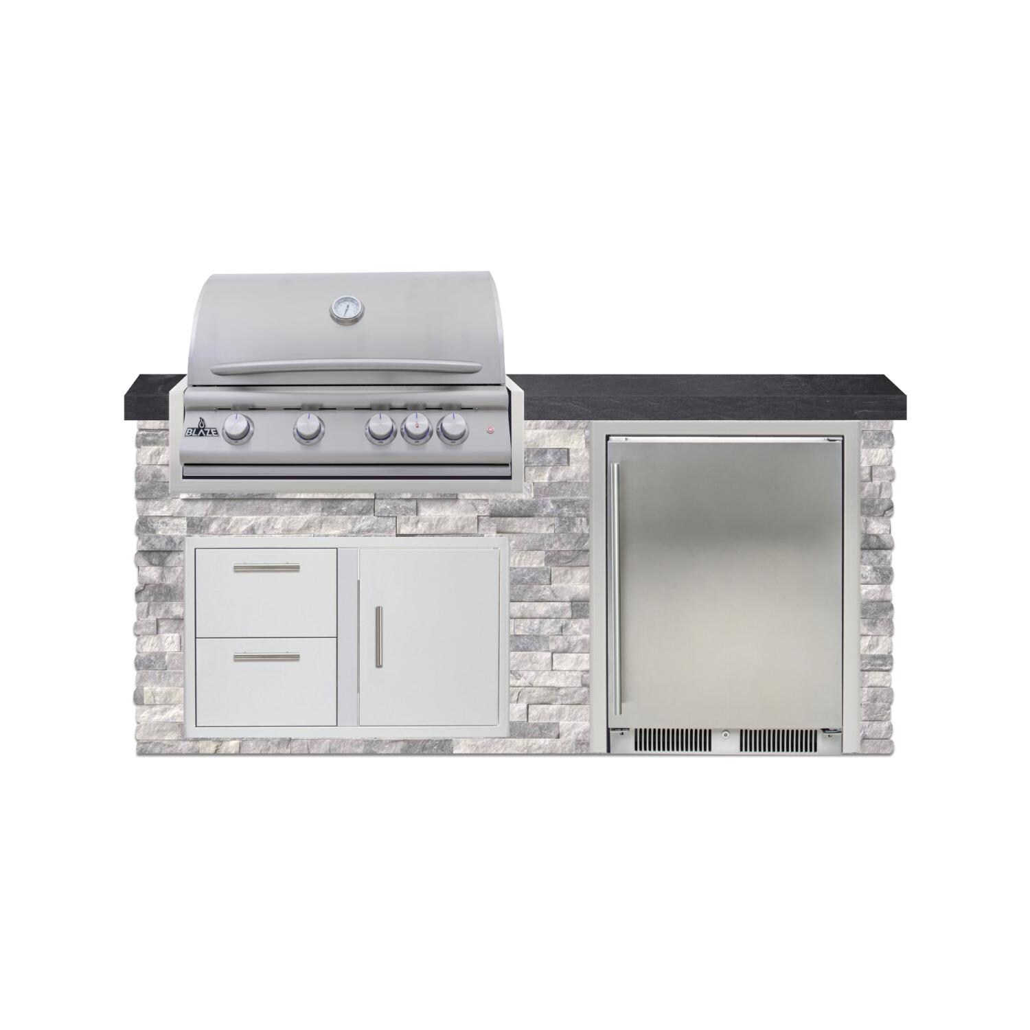 BBQGuys Signature 6 Ft Outdoor Kitchen Island w/ 32 Inch Natural Gas Blaze LTE+ Grill & Refrigerator | Alaska Gray w/ Black Granite