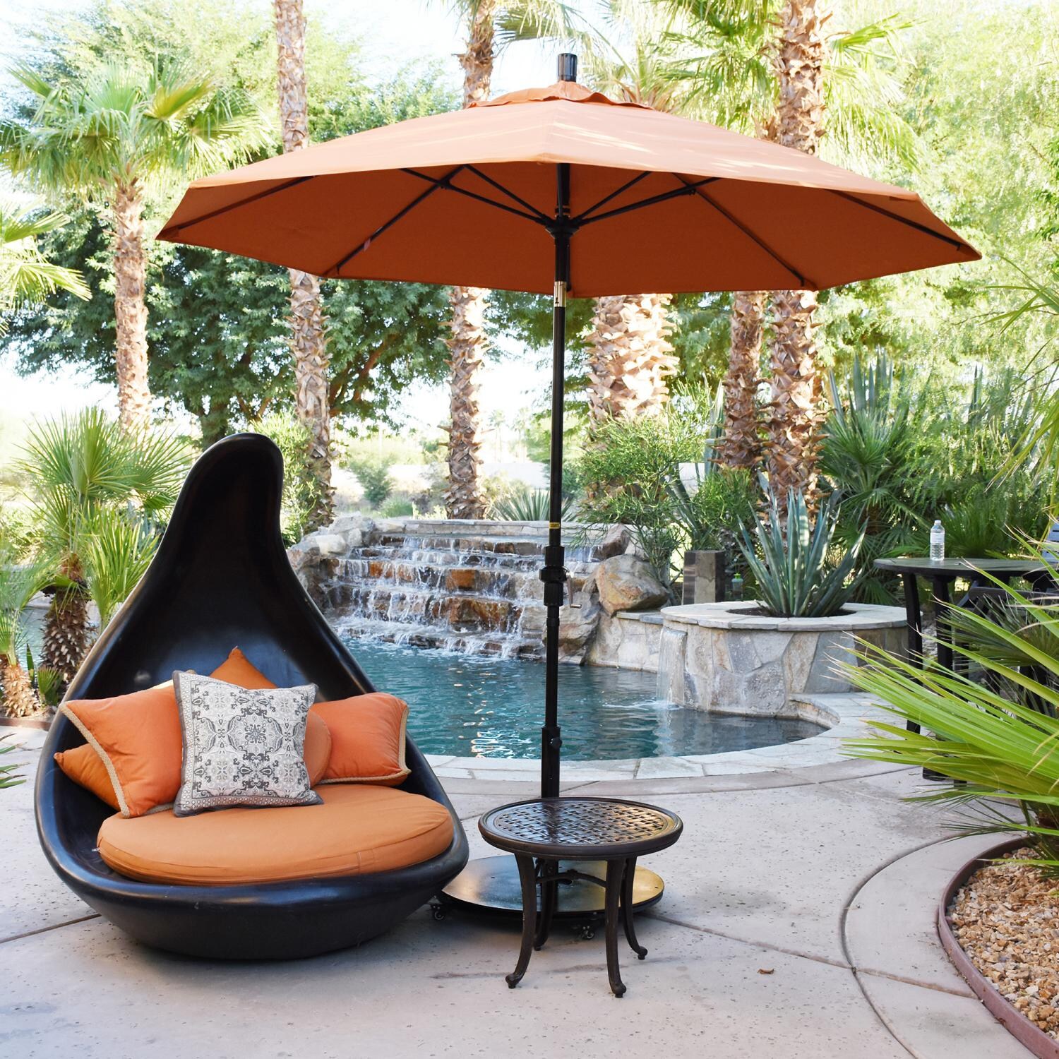 California Umbrella 9 Ft Octagonal Aluminum Collar Tilt Patio Umbrella W/ Crank Lift & Fiberglass Ribs - Lifestyle (Shown in Sunbrella Canvas Tuscan W/ Bronze Frame / Base Not Included) thumbnail