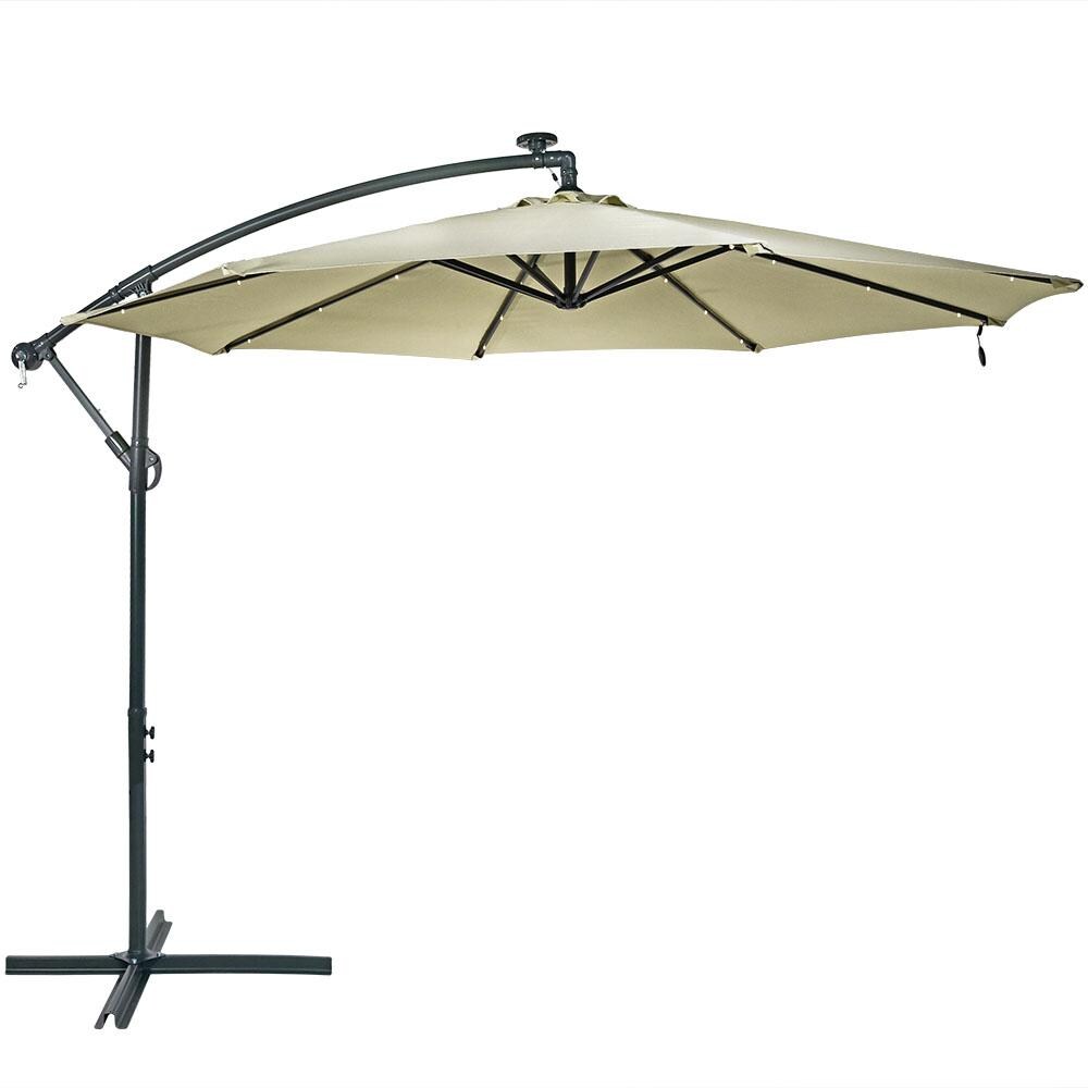 Sunnydaze 10 Ft. Solar Lighted Octagonal Steel Patio Cantilever Umbrella W/ Crank - Dark Gray Frame & Beige Polyester Canopy image