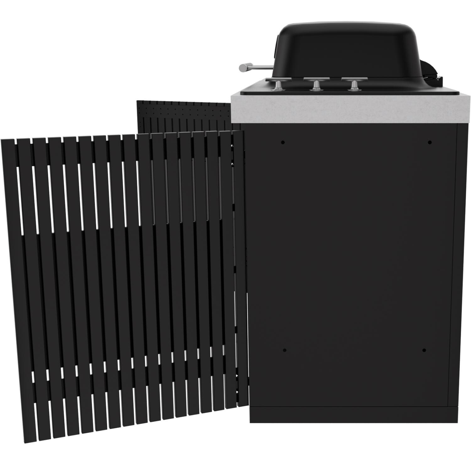 Everdure 6 1/2 Ft Outdoor Kitchen Island w/ Marine Grade Aluminum Cabinets in Black - Grill Module Open Side View - White Background thumbnail