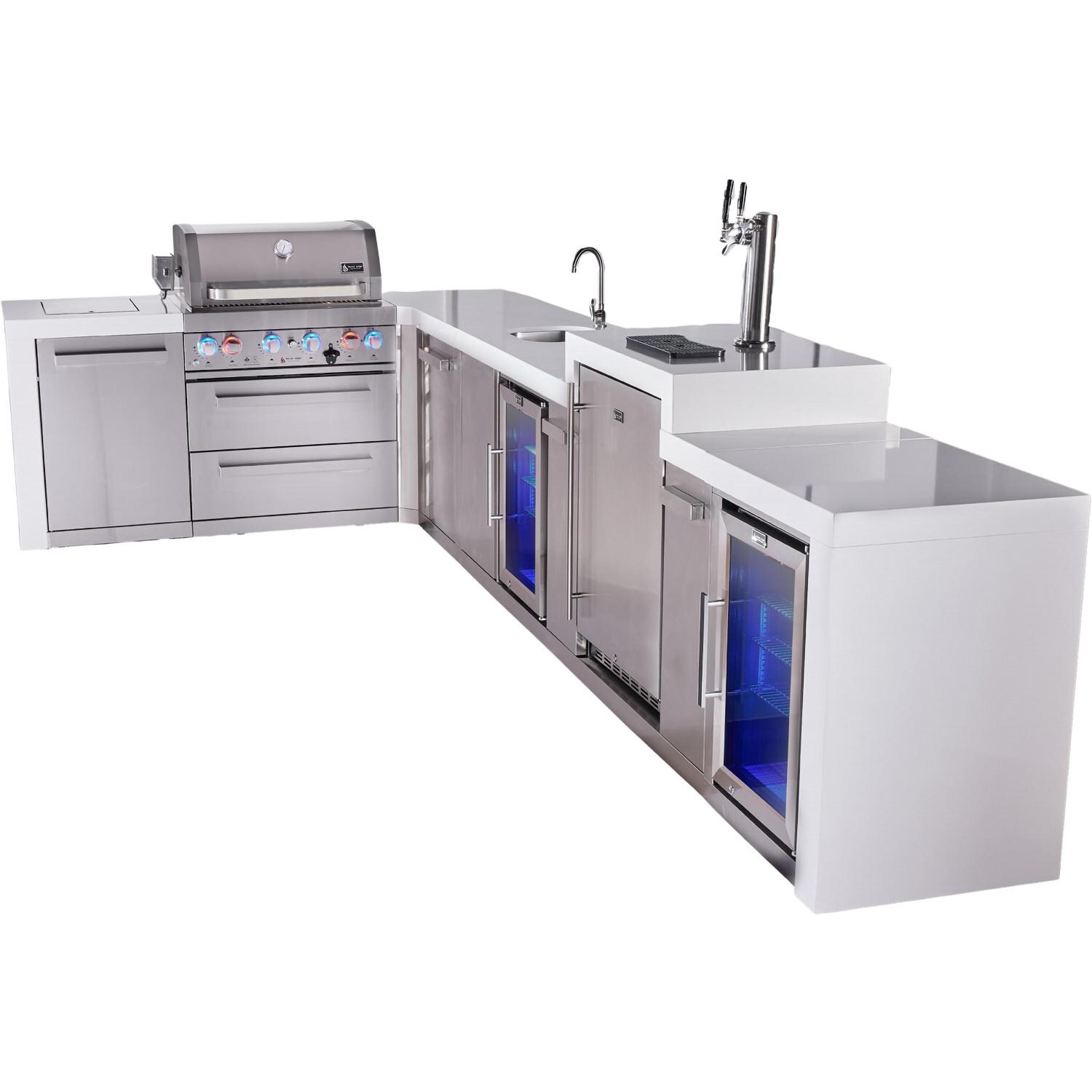 Mont Alpi Deluxe Series 13 1/2 Ft Propane Outdoor Kitchen Island w/ 44-in Grill, Side Burner, Beverage Center, Kegerator, Fridge & Triple Drawer - MAi805-D90KEGBEVFCDR - Angled Right - White Background thumbnail