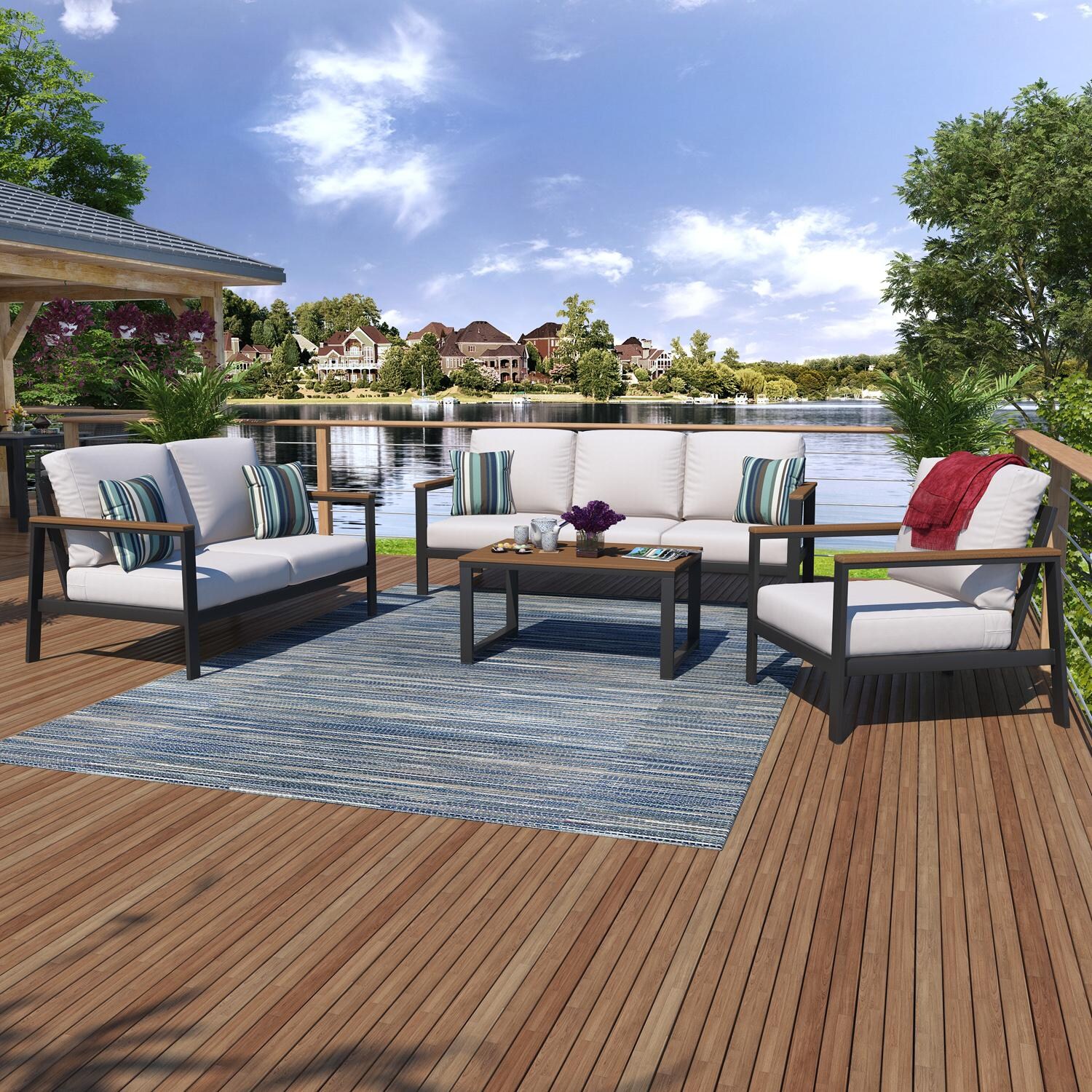 Oasis Bay 8 Pc Aluminum Seating Set in White/Canvas Natural by Lakeview Outdoor Designs