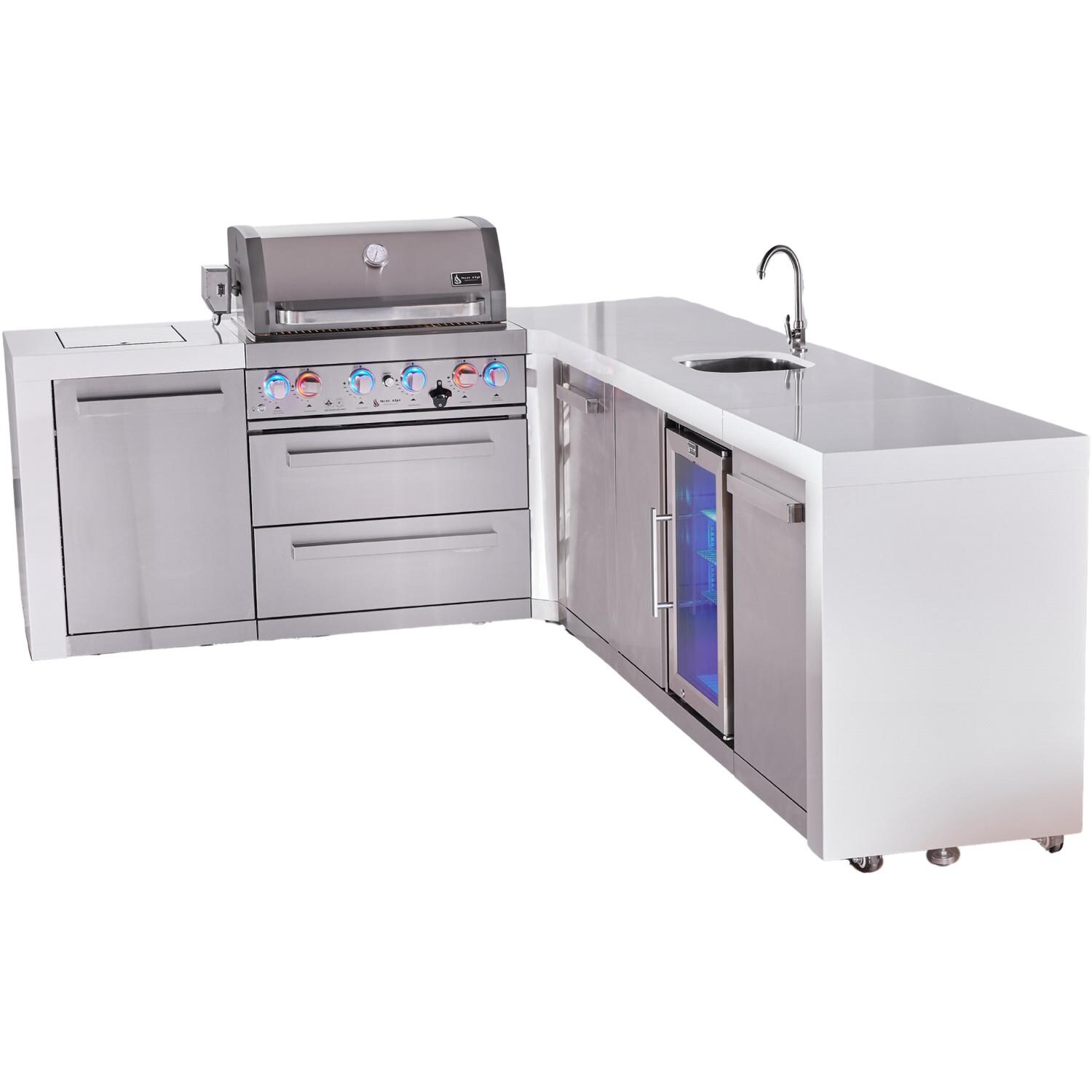 Mont Alpi Deluxe Series 9 1/2 Ft Propane Outdoor Kitchen Island w/ 32-in Grill, Side Burner, Beverage Center & Extra Door - MAi400-D90BEVXL - Angled Right - White Background thumbnail