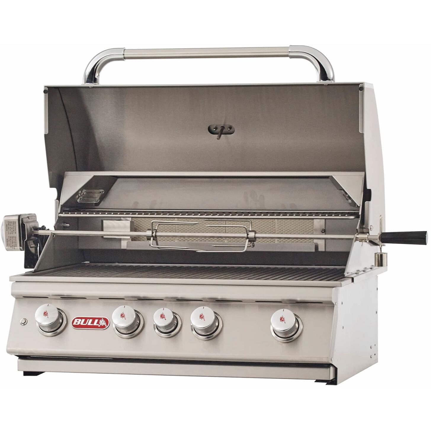 Bull 47629 Angus 30-Inch 4-Burner Built-In Gas Grill - Angled View With Hood Open