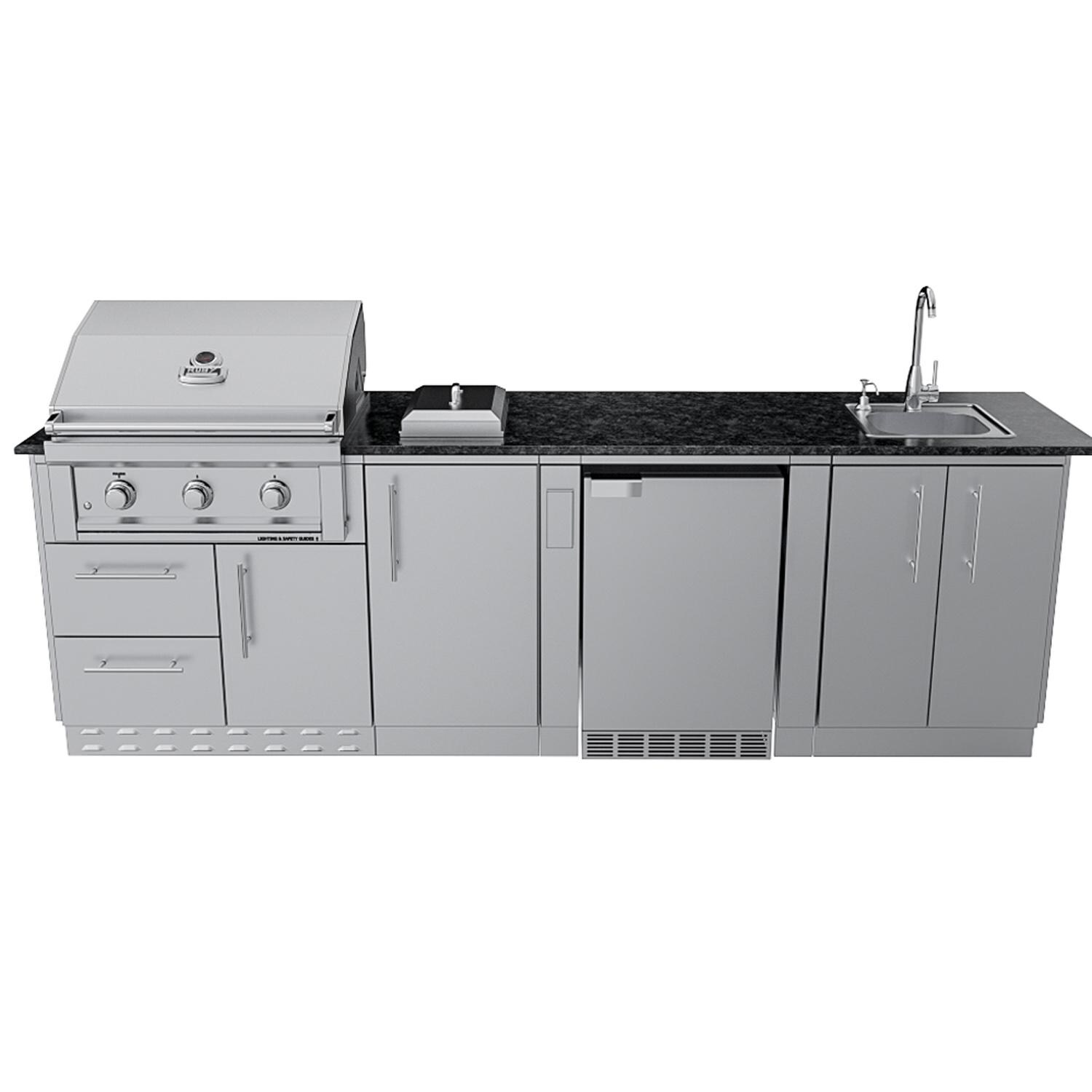 Sunstone Grills SCPBRAZOS9-LP Brazos 9 Ft Outdoor Kitchen Island w/ Propane Grill & Side Burner, Sink, Door & Drawer - Island - White Background thumbnail