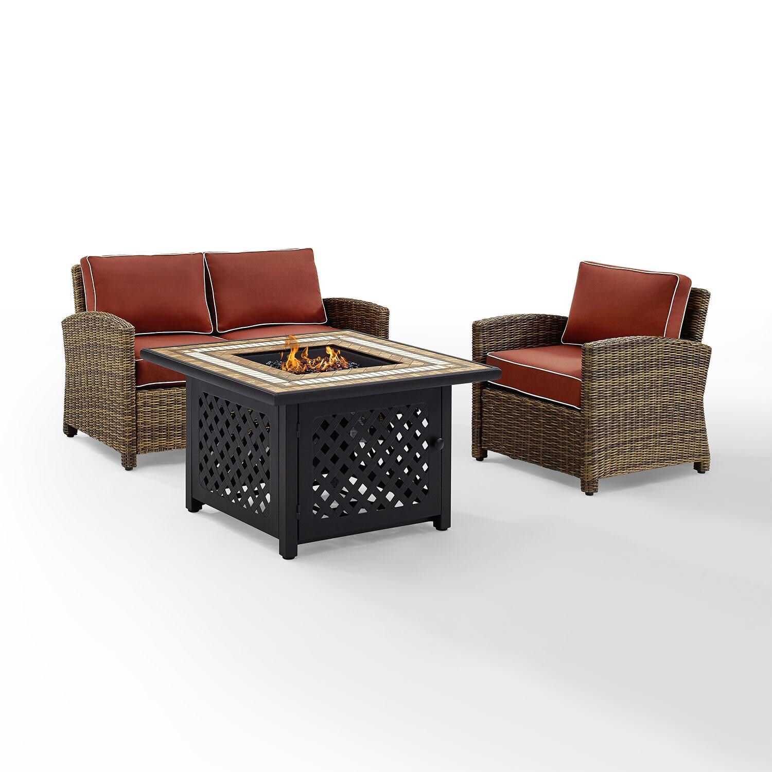 Ultimate Patio UP-92394-SG 3Pc Wicker Outdoor Loveseat Set W/ Fire Table in Sangria - Front View - White Background thumbnail