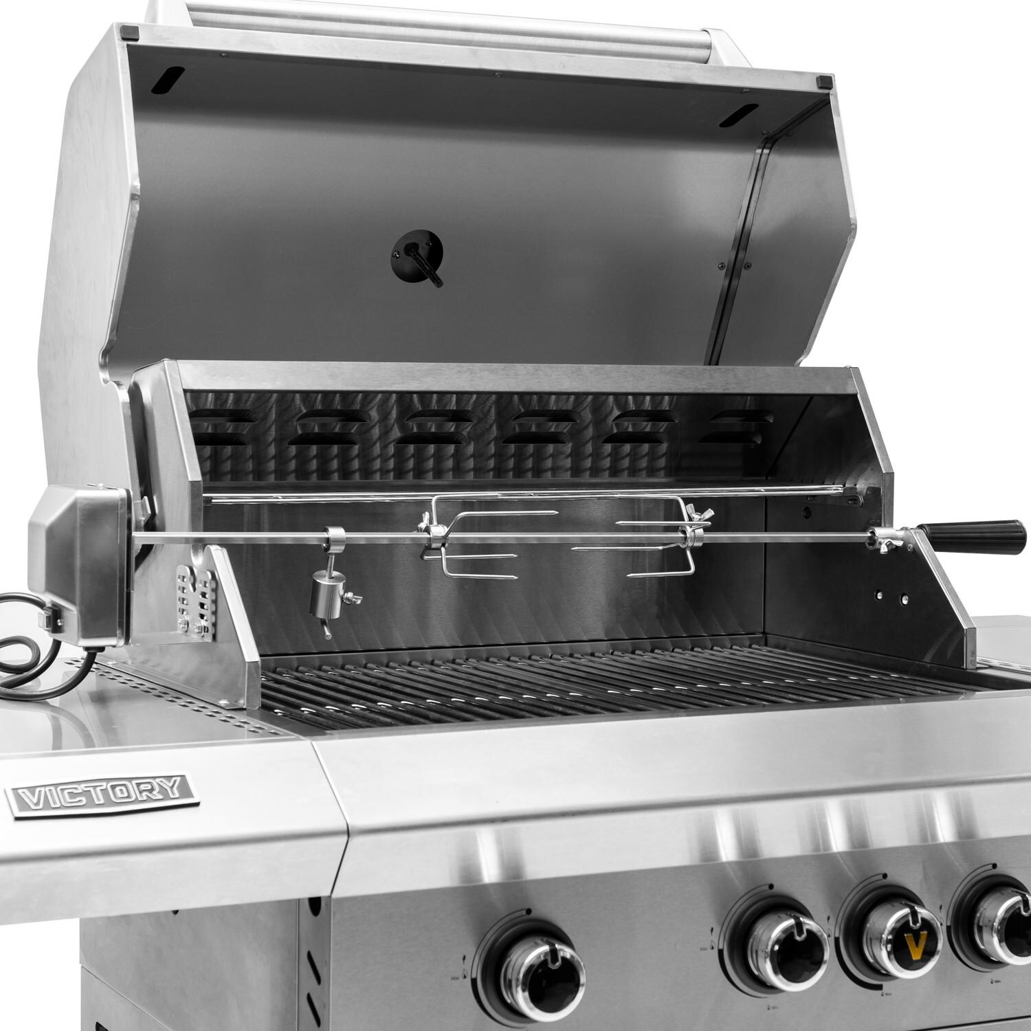 Victory BBQ-VCT3BSB-RTS 3-Burner Gas Grill Rotisserie Kit - Angled to Show Motor Bracket thumbnail