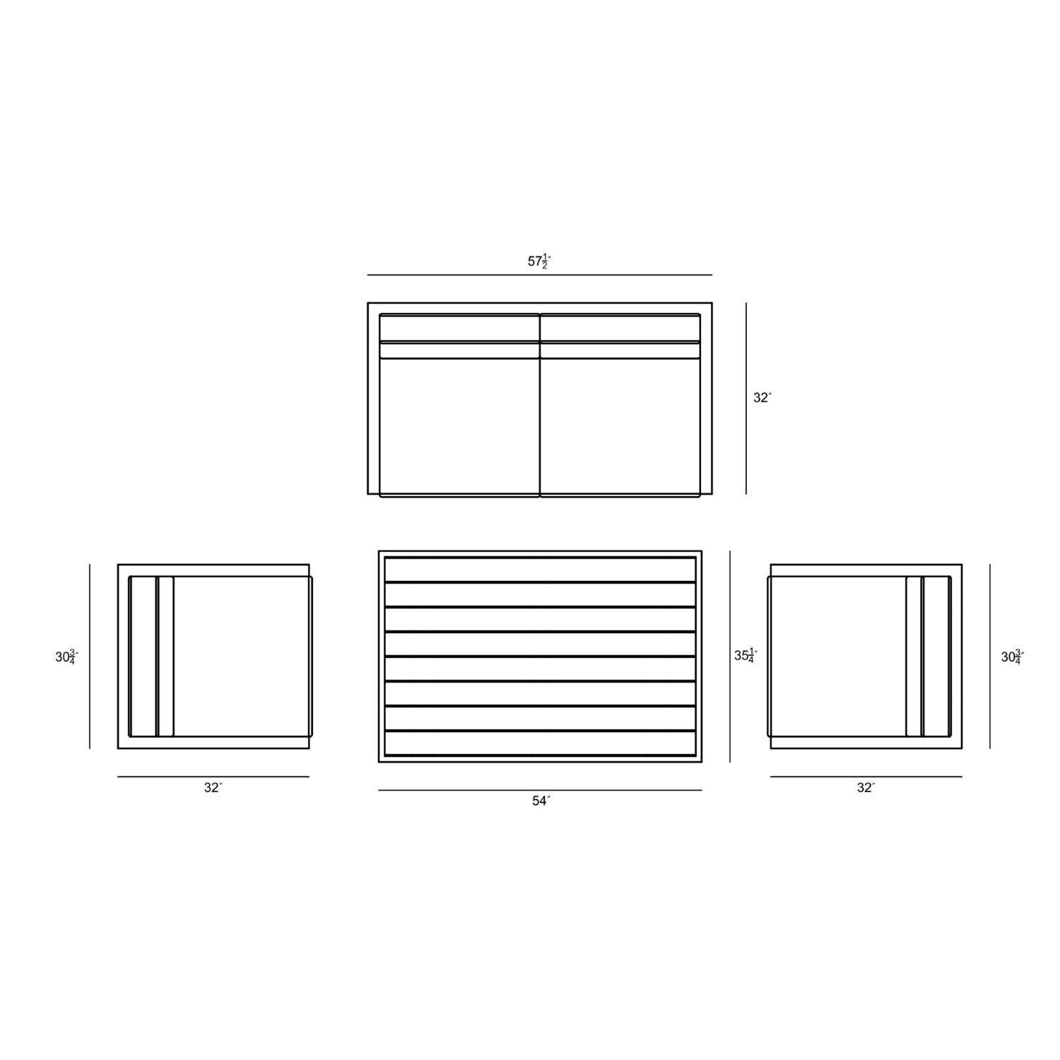 Lakeview MSTYCV-SL-SET114-IN Misty Cove 4 Pc Aluminum Seating Set in Slate w/Chat Table & Spectrum Indigo Cushions by Lakeview Outdoor Designs - Line Drawing - Dimensional thumbnail