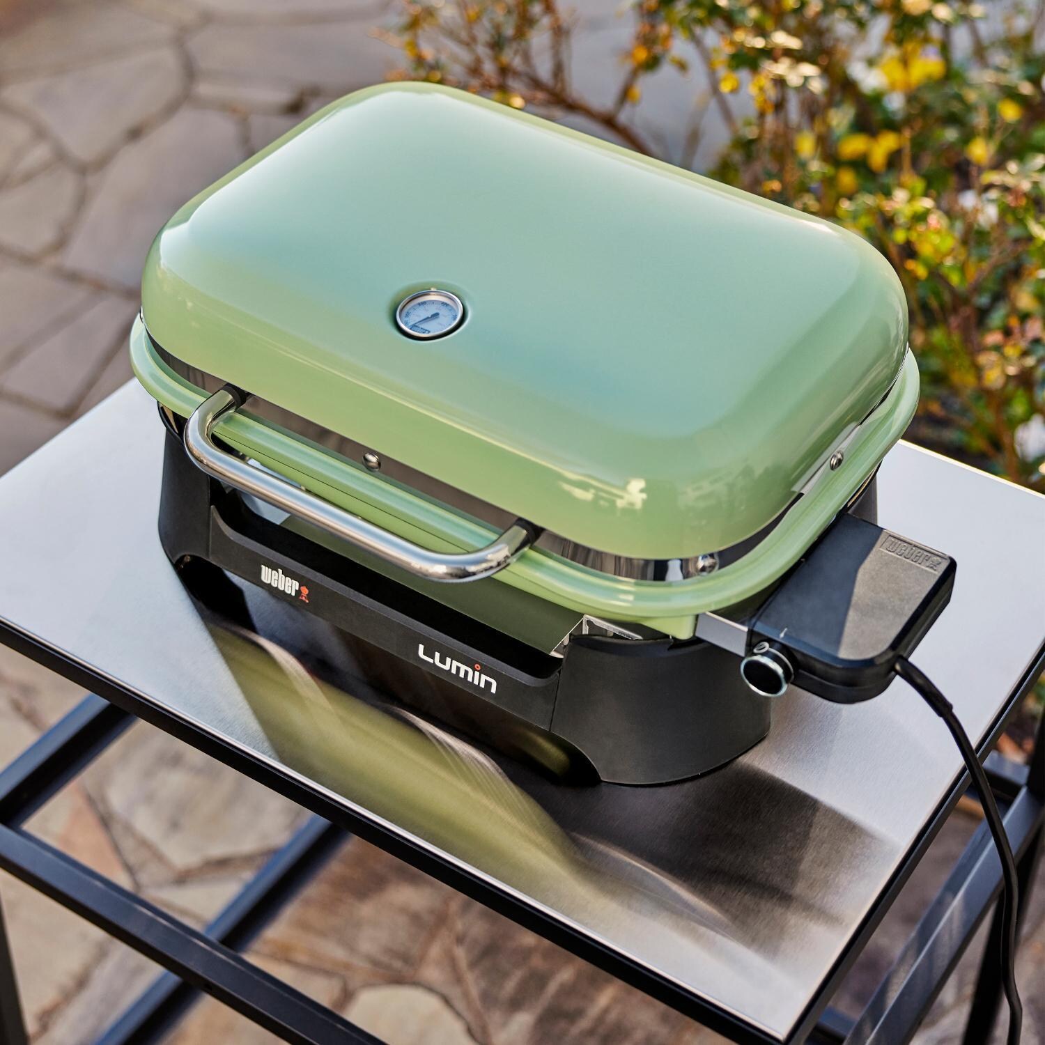 Weber 92070901 Seafoam Green Lumin Portable 1560 Watt Electric Grill - Overhead View - Lifestyle