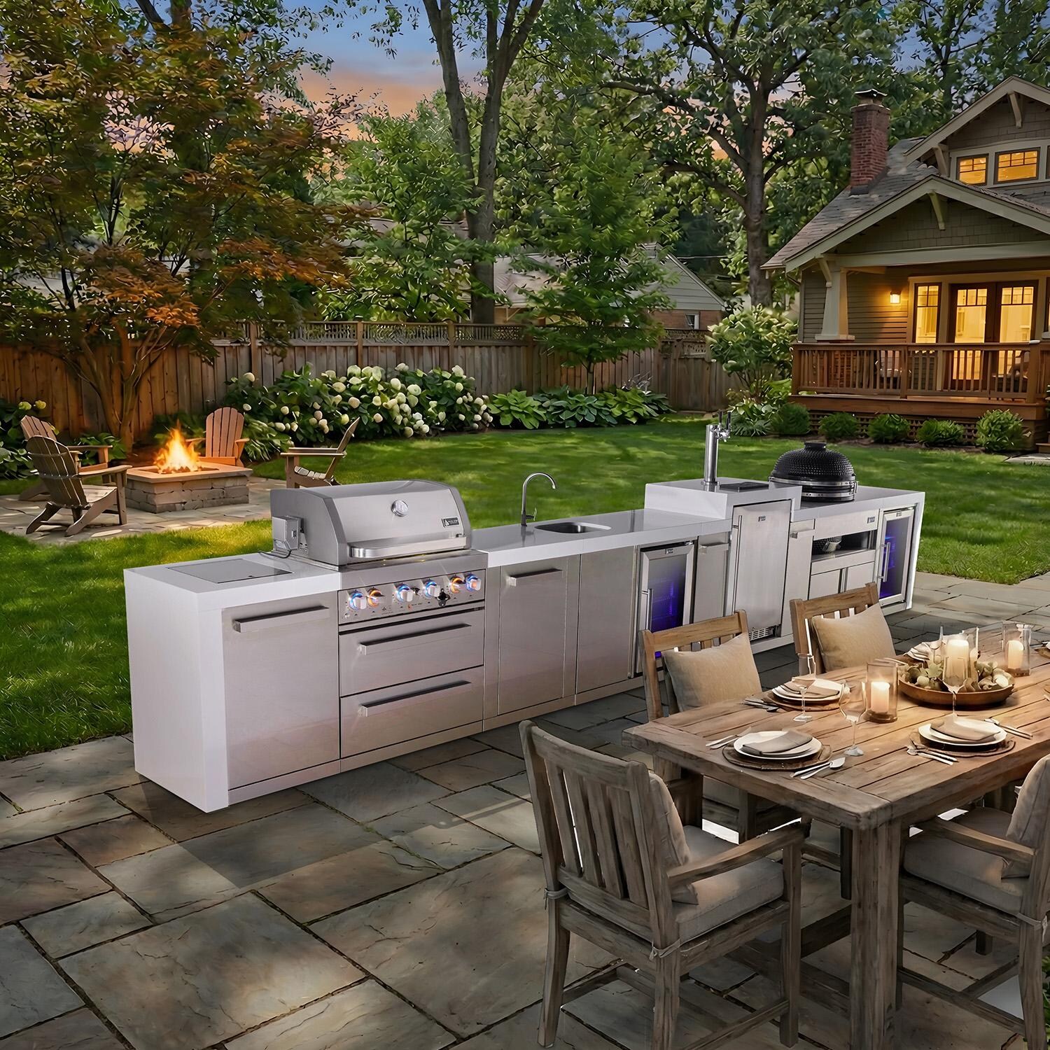 Mont Alpi Deluxe Series 19 Ft Natural Gas Outdoor Kitchen Island w/ 32-in Grill, Side Burner, Beverage Center, Kegerator, Fridge, Kamado Module & Extra Door (Ships Propane w/ Conversion Kit) - On Patio - Lifestyle thumbnail