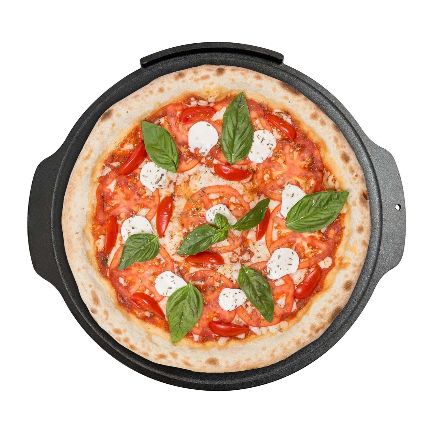 Outset 76597 Cast Iron Pizza Skillet Round - Shown w/ Pizza - White Background thumbnail