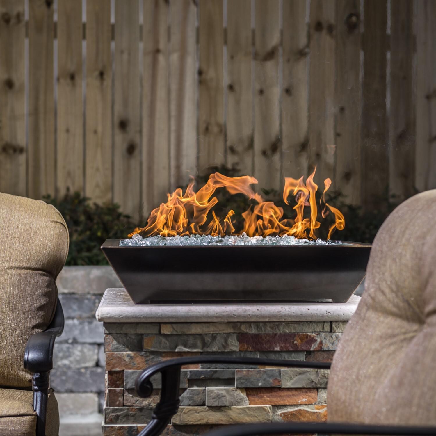 BBQGuys Signature Series Westfalen 18-Inch Square Low-Rise Natural Gas Fire Bowl - Oil Rubbed Bronze - Side View - Shown With Ice Non-Reflective Fire Glass thumbnail