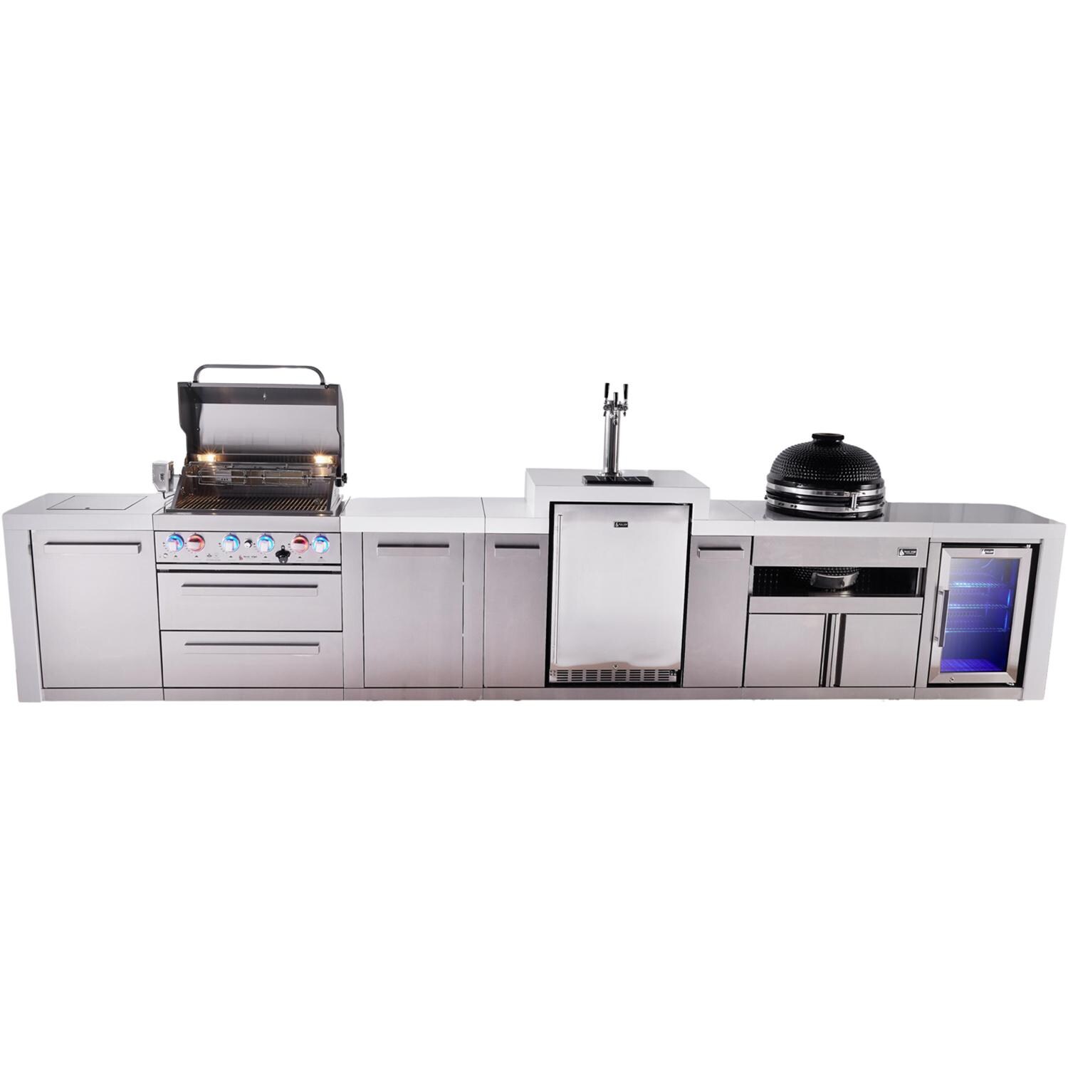 Mont Alpi Deluxe Series 15 1/2 Ft Propane Outdoor Kitchen Island w/ 32-in Grill, Side Burner, Kegerator, Fridge, Kamado Module & Extra Door - MAi400-DKEGFCKAMXL - Grill Open - White Background thumbnail