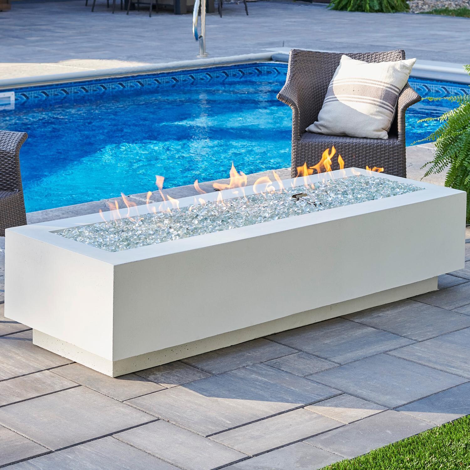 Cove 72 Inch Rectangular GFRC Concrete Natural Gas (Ships As Propane With Conversion Fittings) Fire Pit Table in White By The Outdoor GreatRoom Company - Lifestyle thumbnail