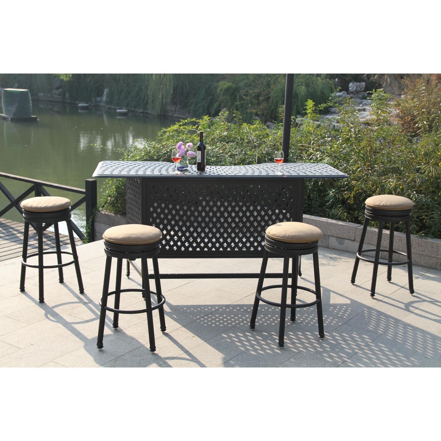 Darlee 1210-5PC-60K Classic 5 Piece Cast Aluminum Patio Party Bar Set W/ Backless Swivel Bar Stools & Sesame Cushions - Life Style thumbnail