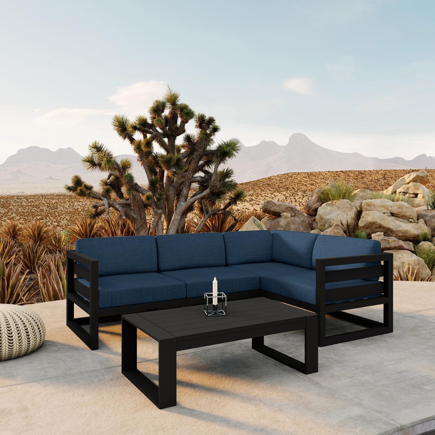 Lakeview MSTYCV-BK-5SEC-IN Misty Cove 5 Pc Aluminum Sectional Set in Black w/Portal Coffee Table & Spectrum Indigo Cushions by Lakeview Outdoor Designs - Set by Pool - Lifestyle thumbnail