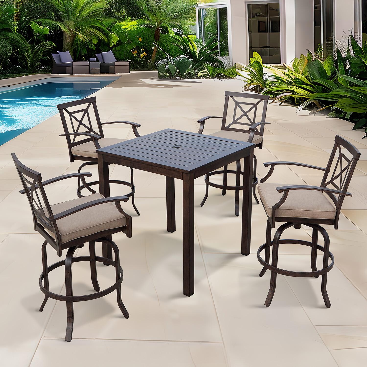 Atlantis 5 Pc Aluminum Bar Height Set w/Beige Cushions in Walnut By Darlee - Lifestyle thumbnail