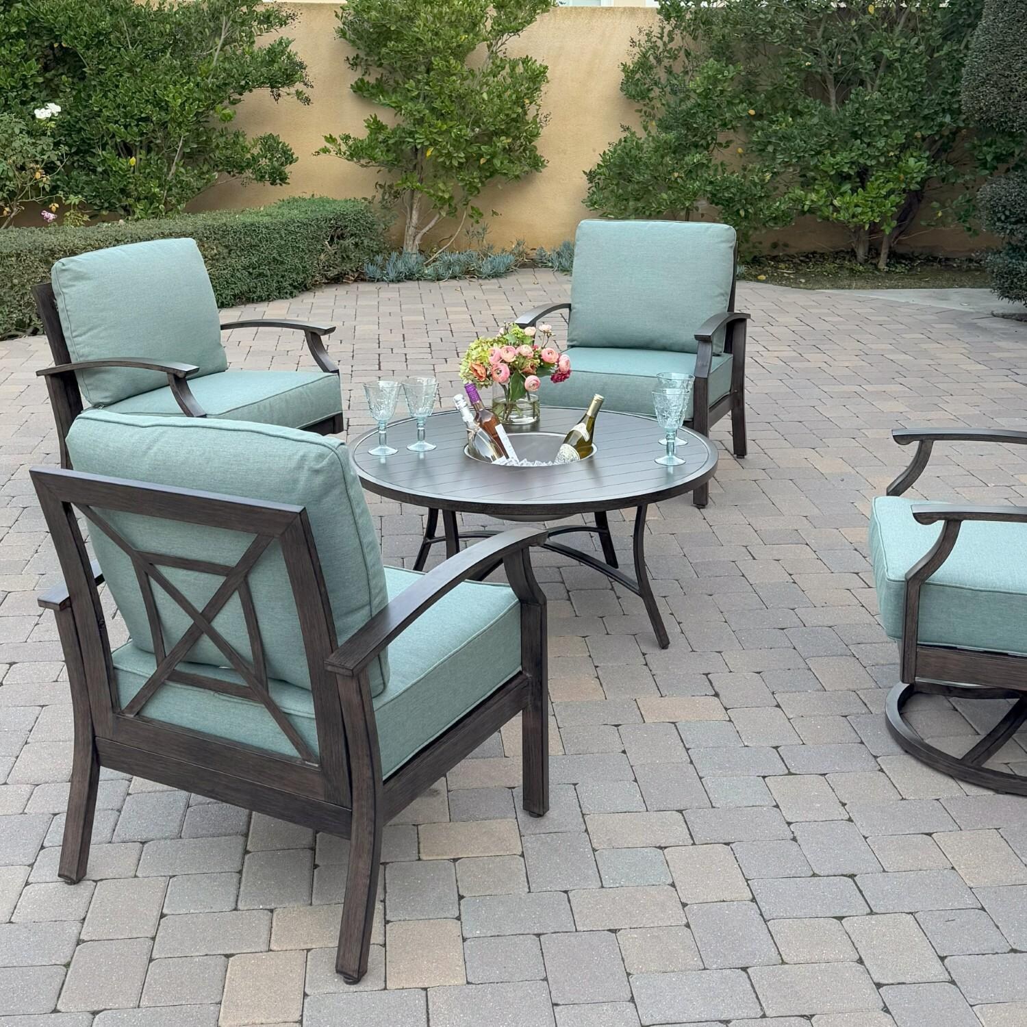 Atlantis 5 Pc Aluminum Seating Set w/ 2 Club Chairs, 2 Swivel Rocker Club Chairs & Ice Bucket in Walnut/Spa by Darlee - Chair Rear - Lifestyle thumbnail