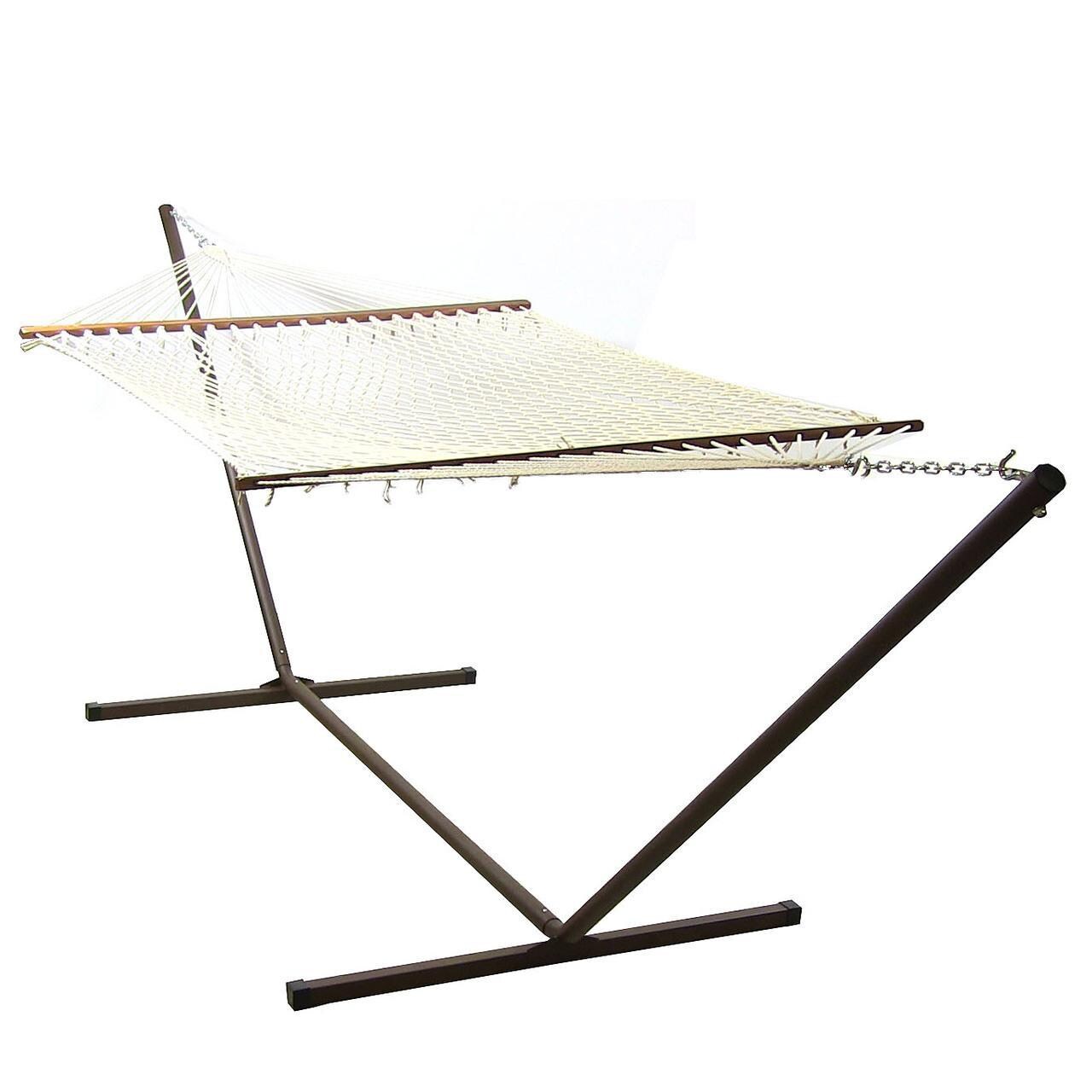 Ultimate Patio Classic Double Rope Hammock w/ 15-Foot Steel Beam Stand - White