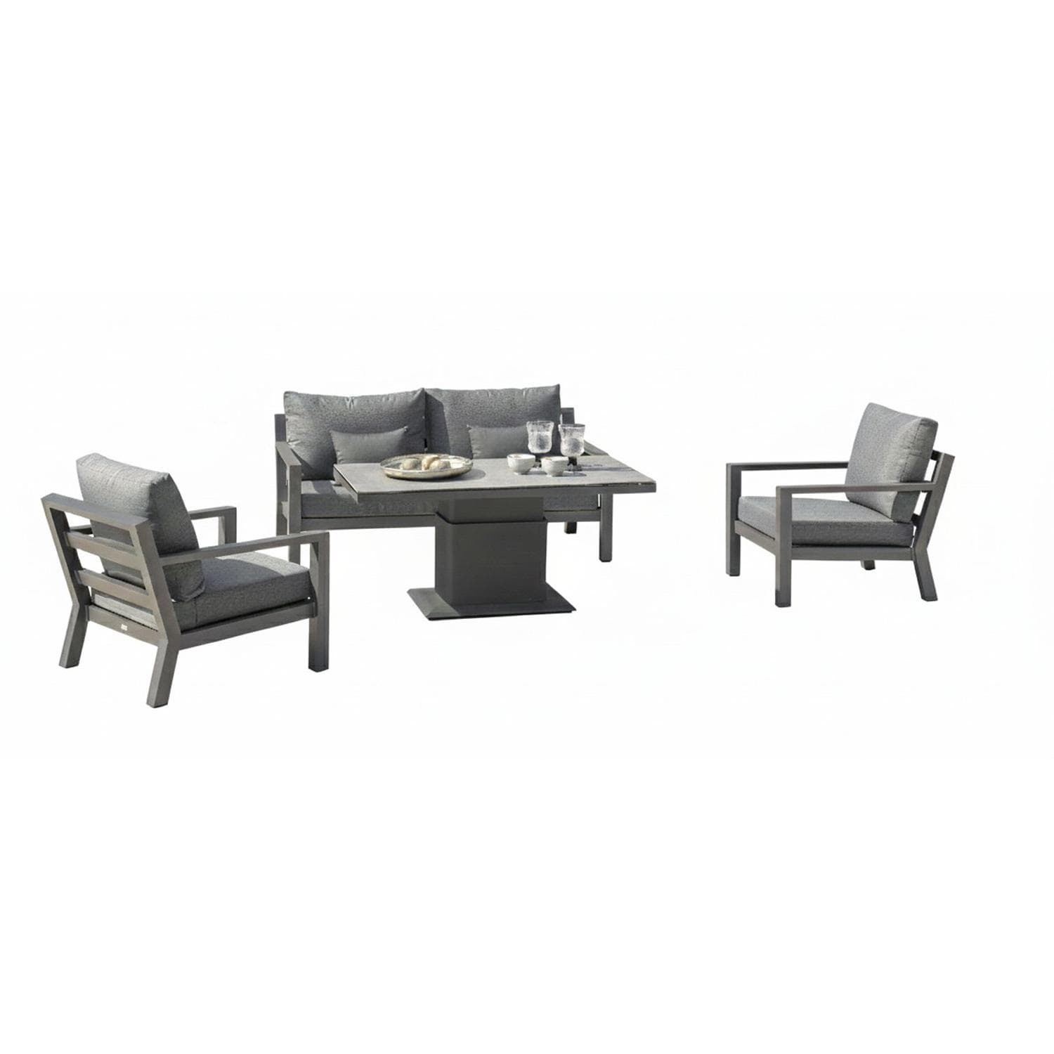 Timber 4 Pc Aluminum Seating Set in Lava / Natte Charcoal - Set Angled - White Background thumbnail