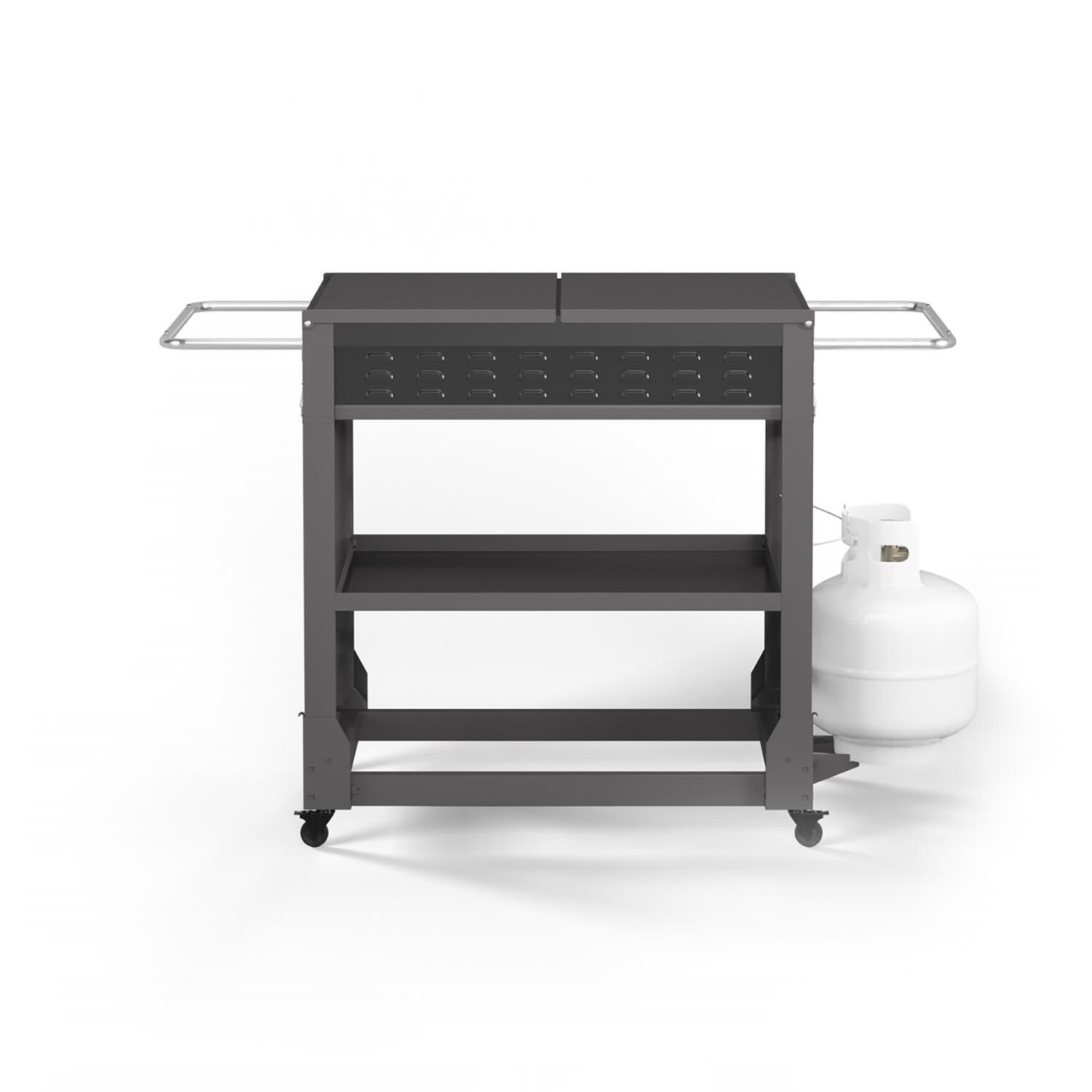 TYTUS Fresno Series 4-Burner Gunmetal Flat Top Griddle with Tool Set & Cover - TDT-471-0101 - Propane Tank Storage - White Background thumbnail