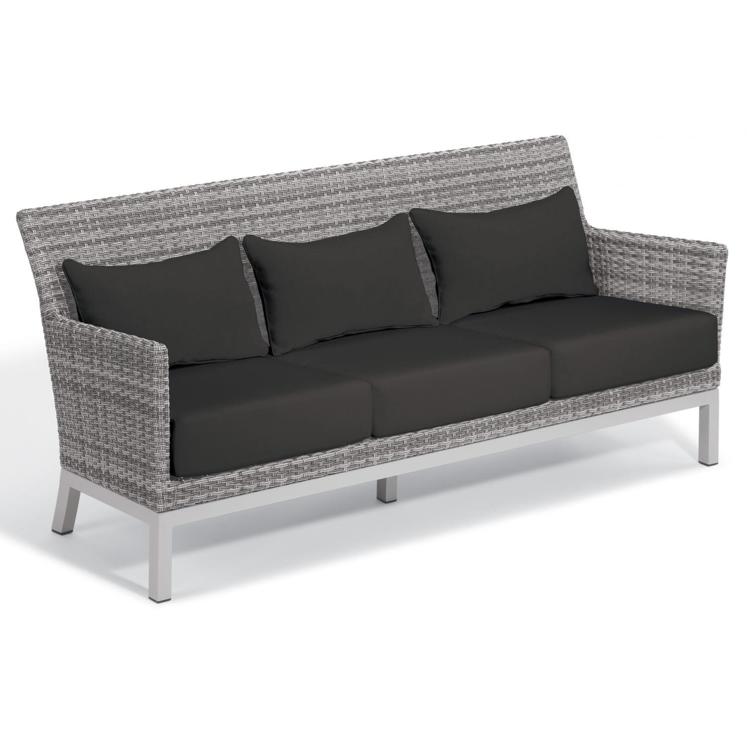 Argento Wicker Patio Sofa w/ Jet Black Cushions & Lumbar Pillows By Oxford Garden