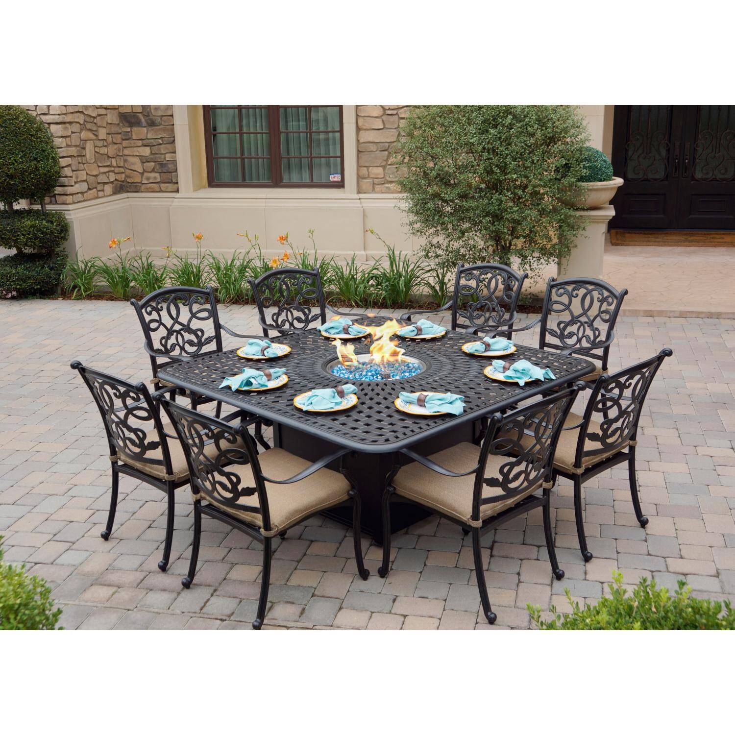 Darlee DL2052-9PC-60GW Santa Monica 9 Piece Cast Aluminum Patio Fire Pit Dining Set W/ 64 Inch Square Table & Sesame Cushions - Lifestyle thumbnail
