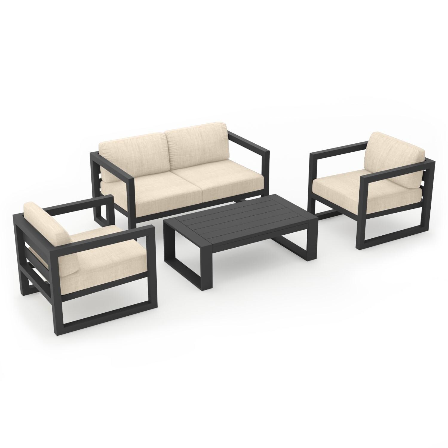 Misty Cove 4 Pc Aluminum Loveseat Set in Slate W/ Canvas Flax Cushions & Portal Coffee Table By Lakeview - White Background thumbnail