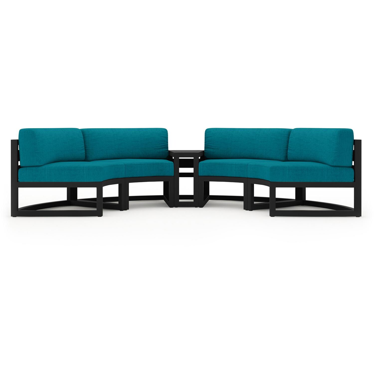Lakeview MSTYCV-BK-3CSEC-PC Misty Cove 3 Pc Aluminum Curve Sectional Set in Black w/Wedge End Table & Spectrum Peacock Cushions by Lakeview Outdoor Designs - Set Front View - White Background thumbnail